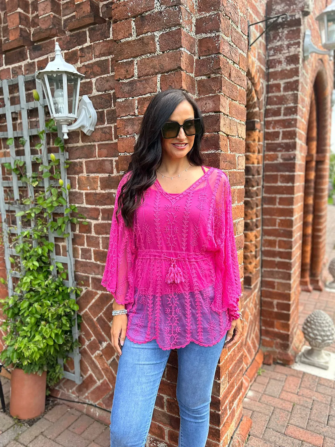 Lipstick Pink Crochet Lace Batwing Top Belle