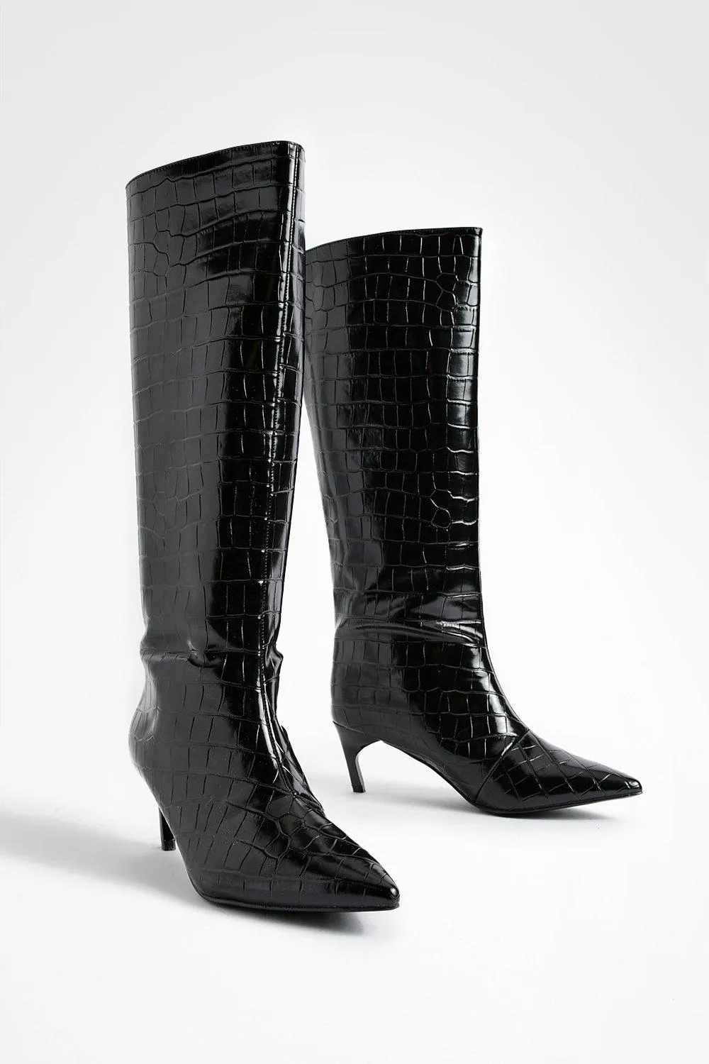 Low Heel Pointed Croc Knee High Boots