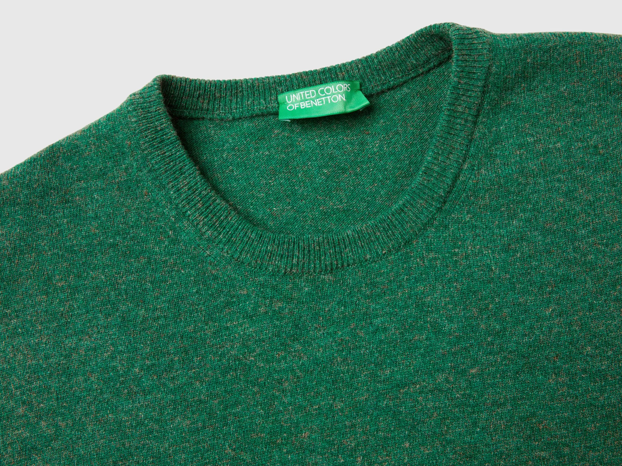 Marl green crew neck sweater in pure Merino wool - Green | Benetton