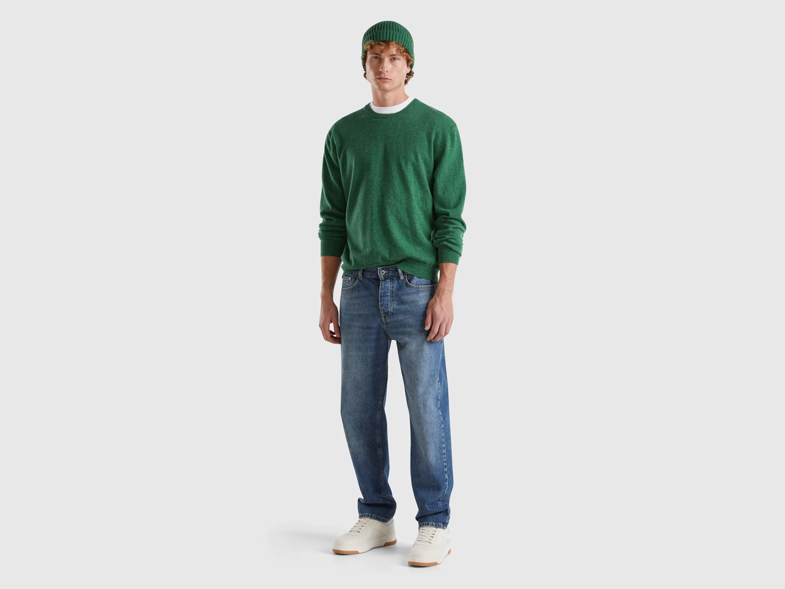 Marl green crew neck sweater in pure Merino wool - Green | Benetton