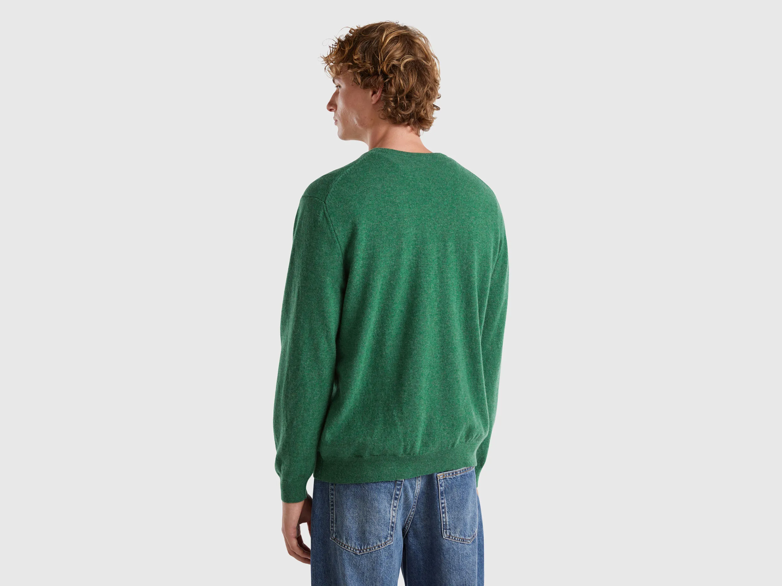 Marl green crew neck sweater in pure Merino wool - Green | Benetton