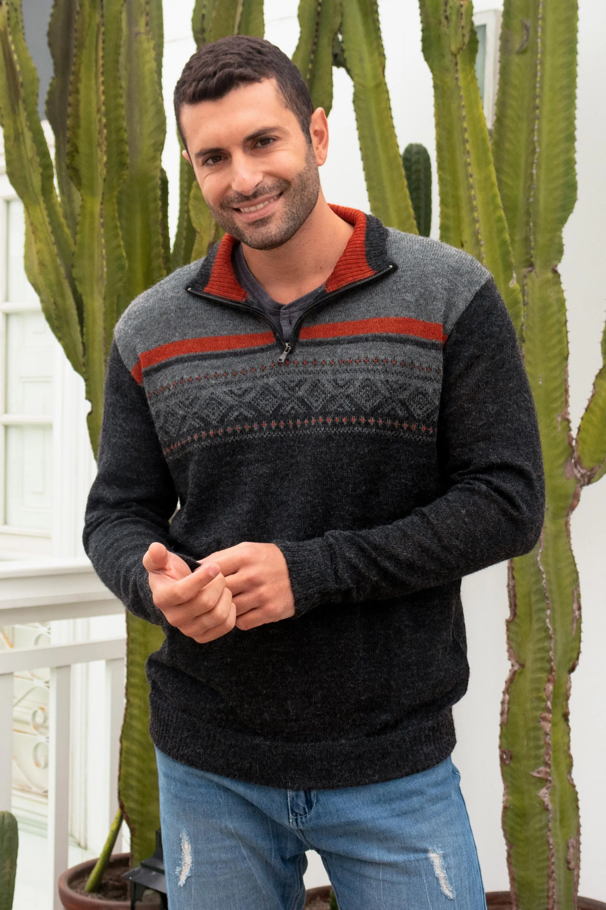 Men's Grey 100% Alpaca Pullover from Peru, 