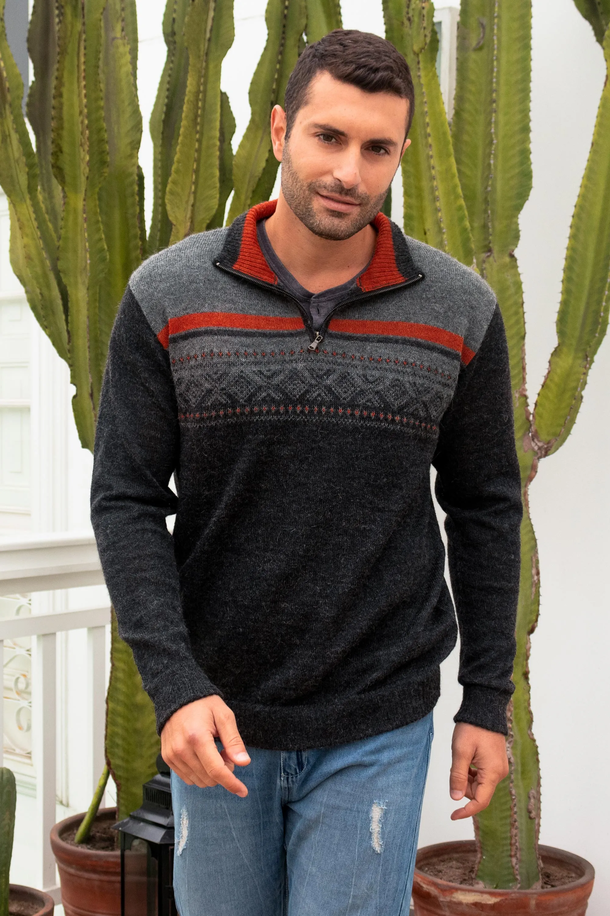 Men's Grey 100% Alpaca Pullover from Peru, 