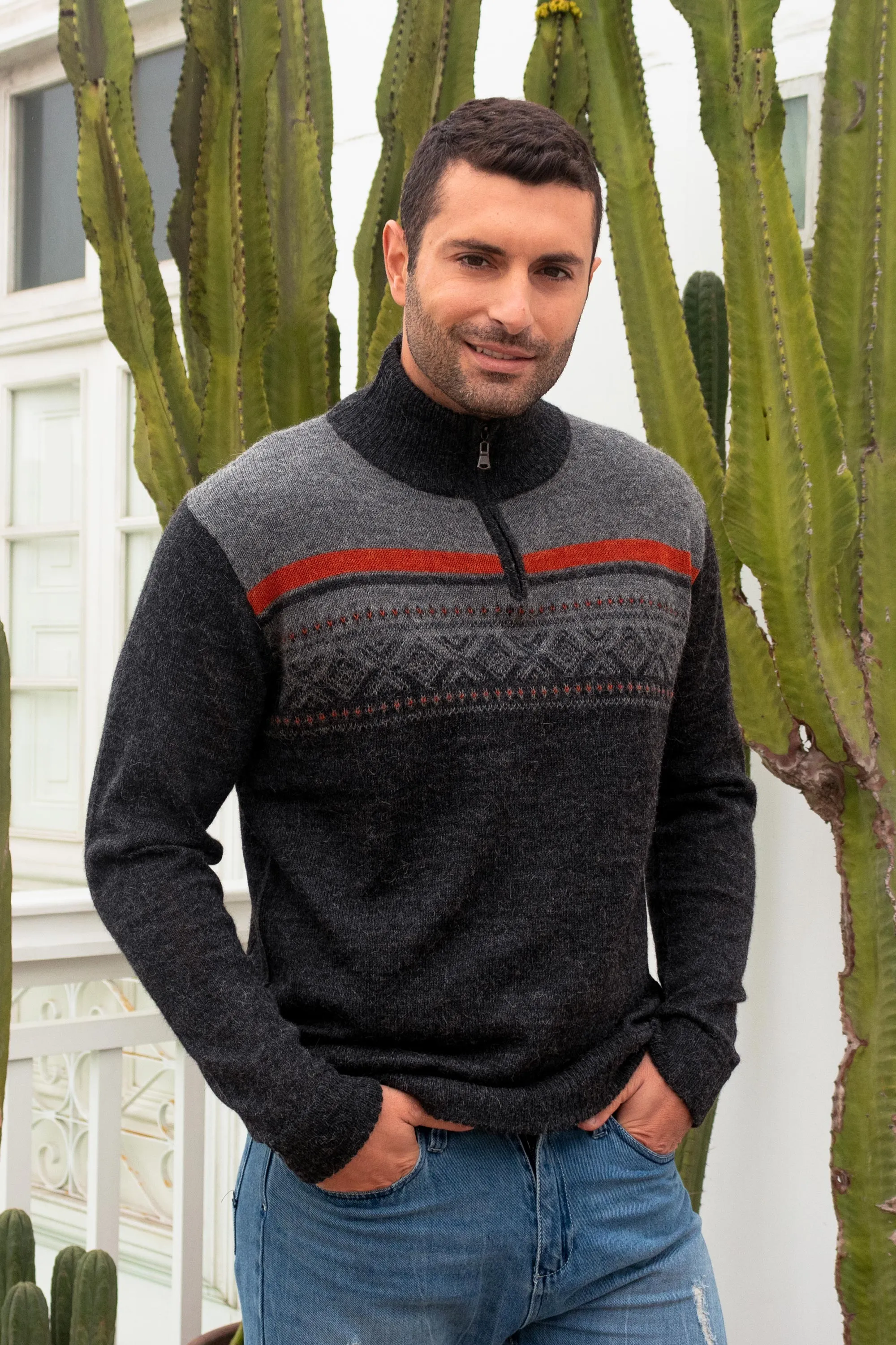 Men's Grey 100% Alpaca Pullover from Peru, 