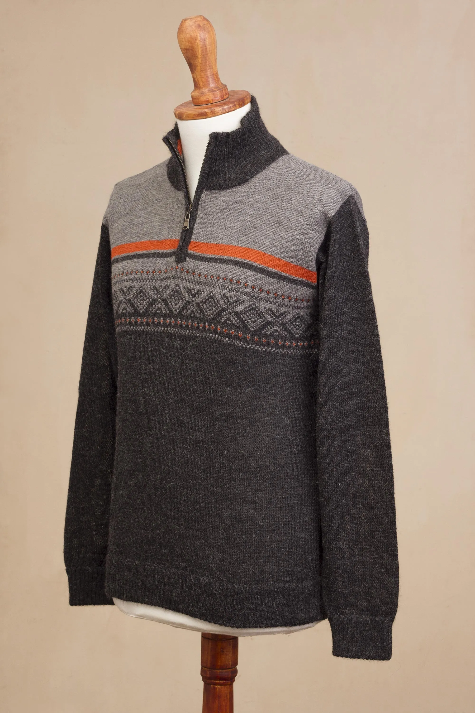 Men's Grey 100% Alpaca Pullover from Peru, 