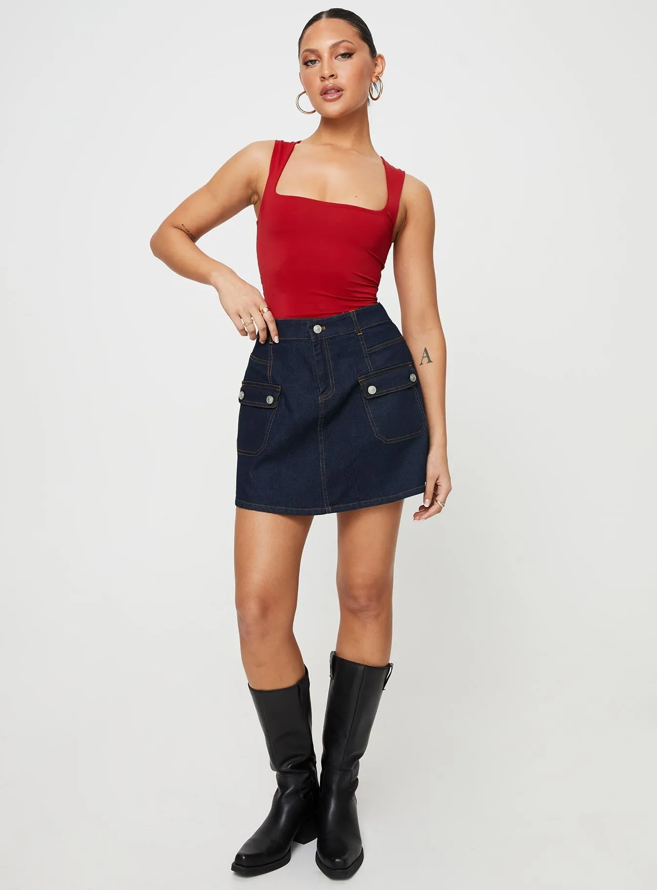 Mirrow Denim Mini Skirt Dark Wash