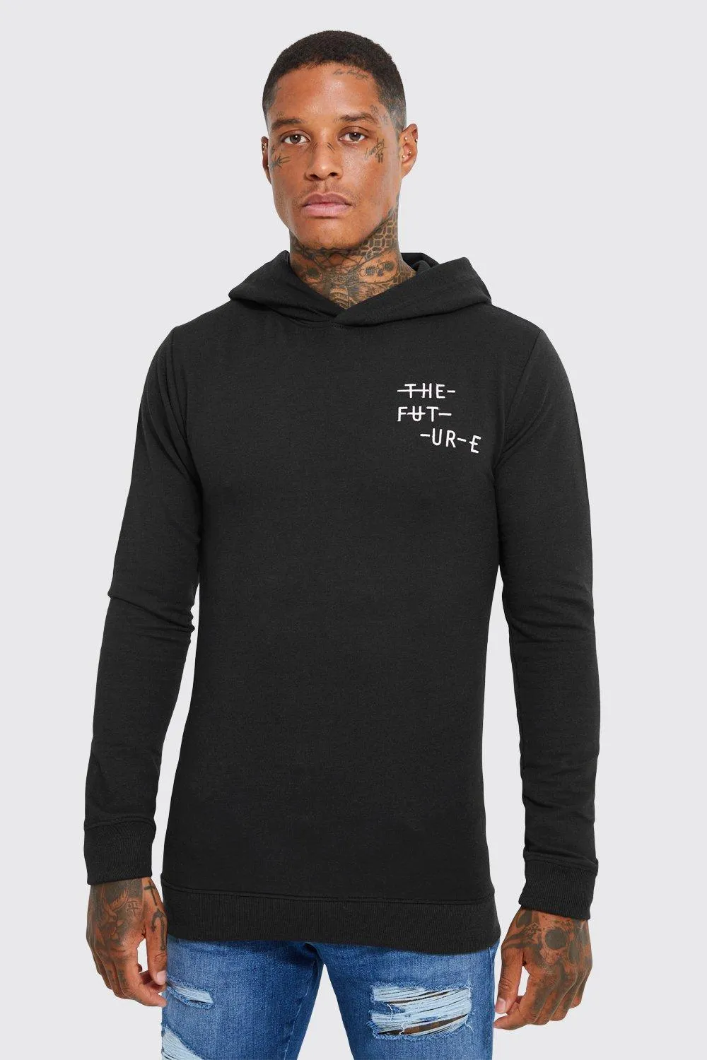 Muscle Fit Embroidered Slogan Hoodie | boohooMAN UK