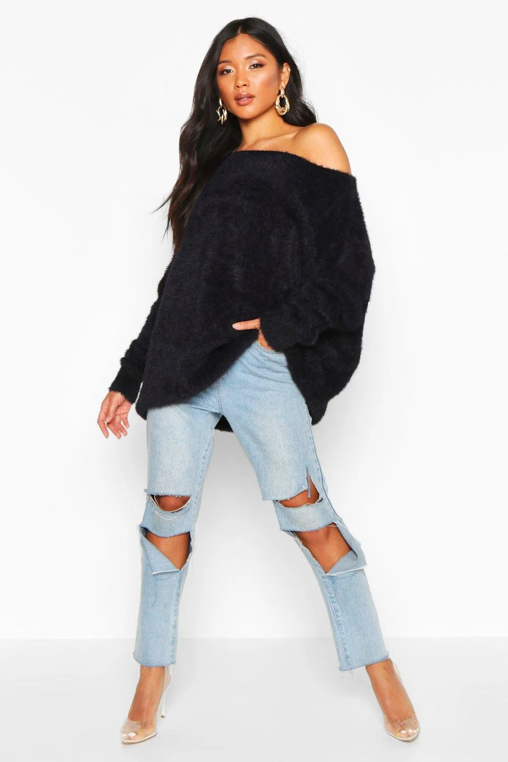 Oversized Off The Shoulder Fluffy Knit Sweater