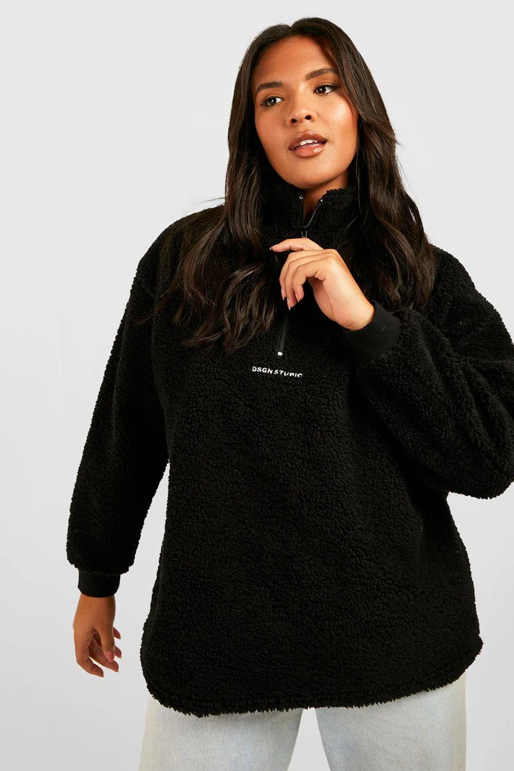 Plus Borg Half Zip Embroidered Sweater