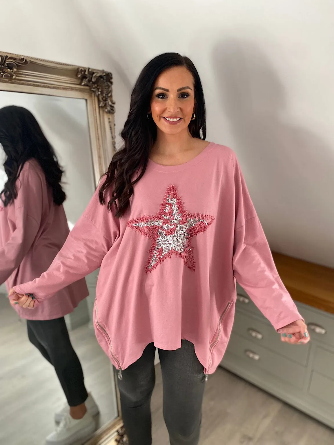 Rose Zip Detailed Star Sweat Top Sally