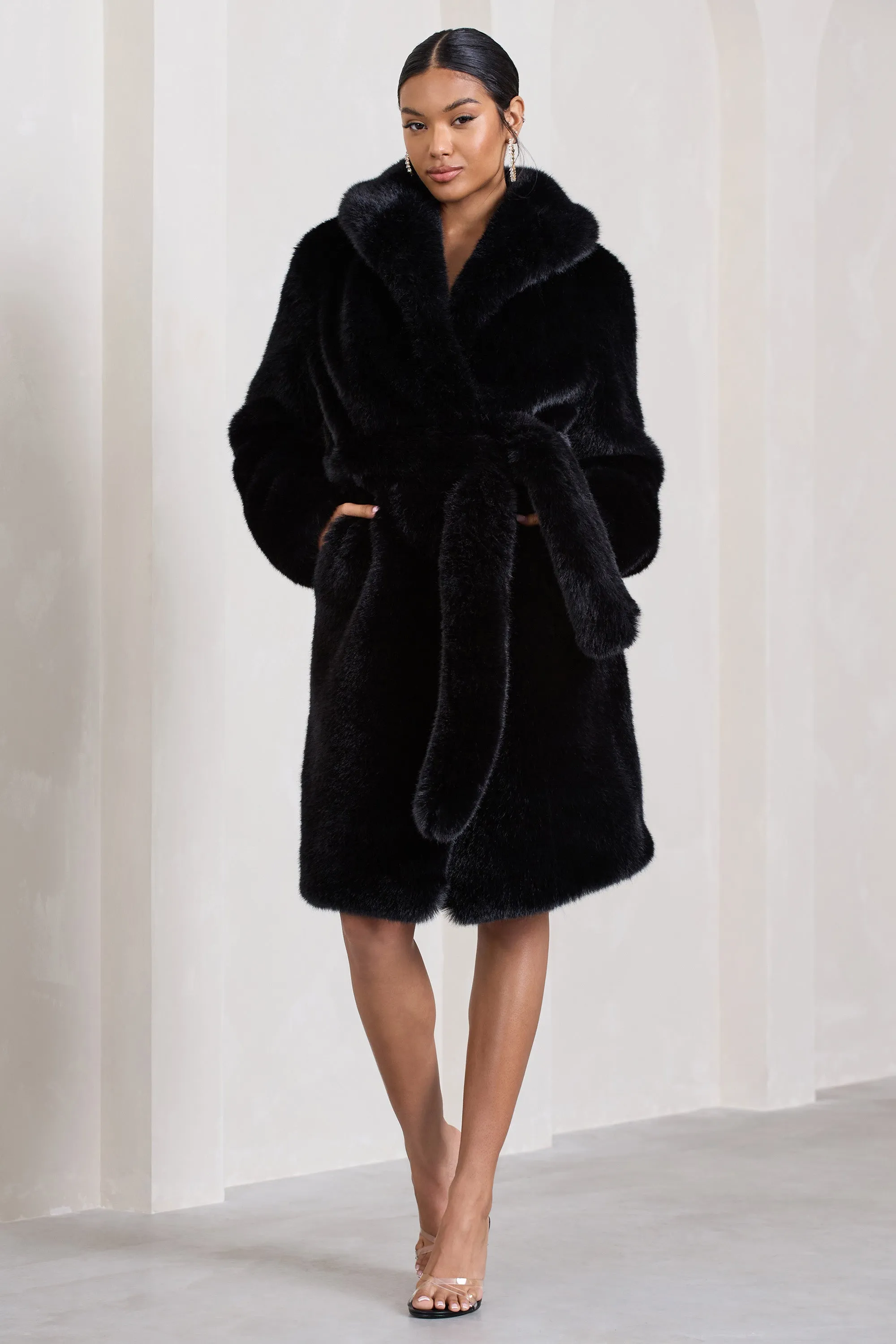 Slopeside | Black Long Belted Faux Fur Coat