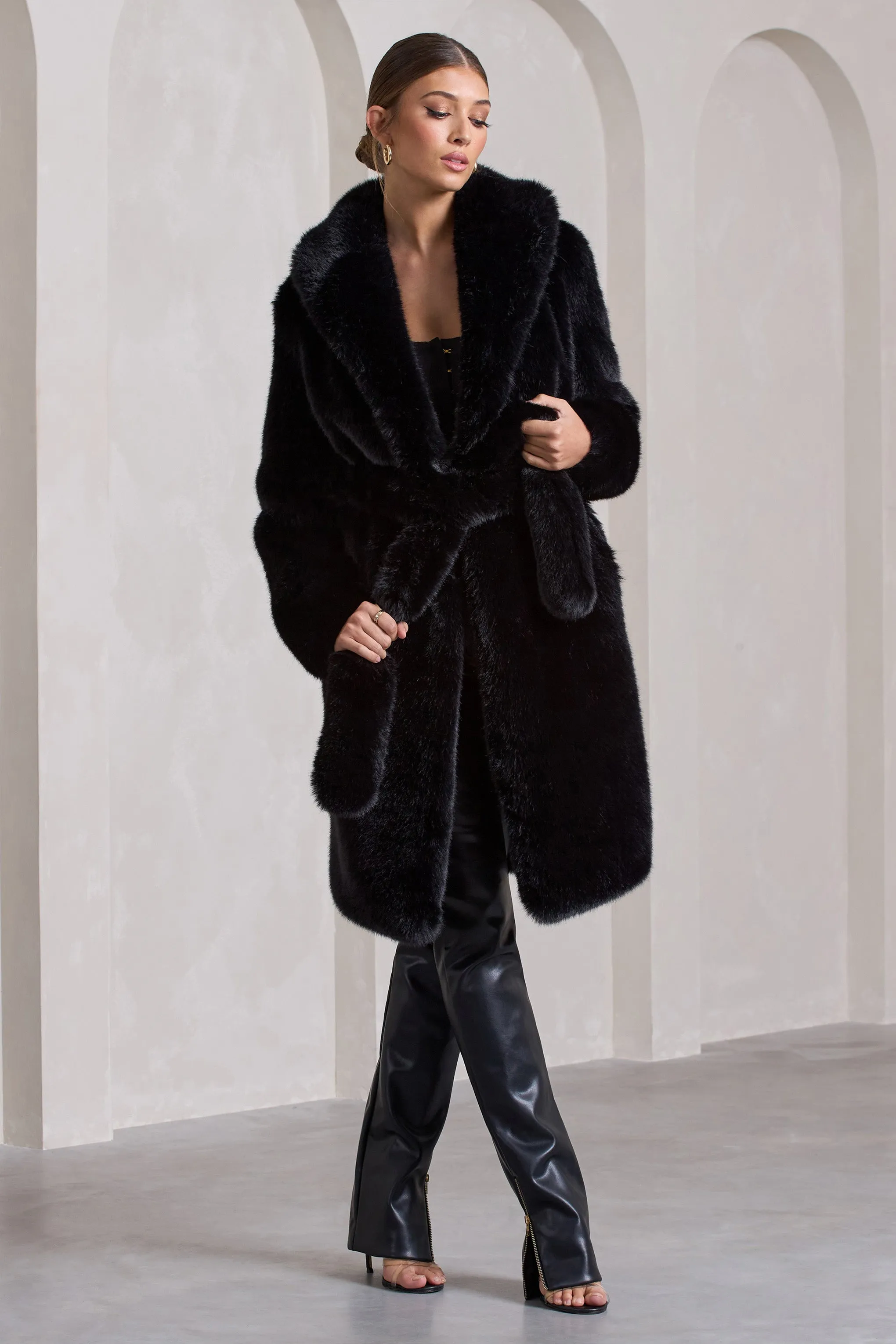 Slopeside | Black Long Belted Faux Fur Coat