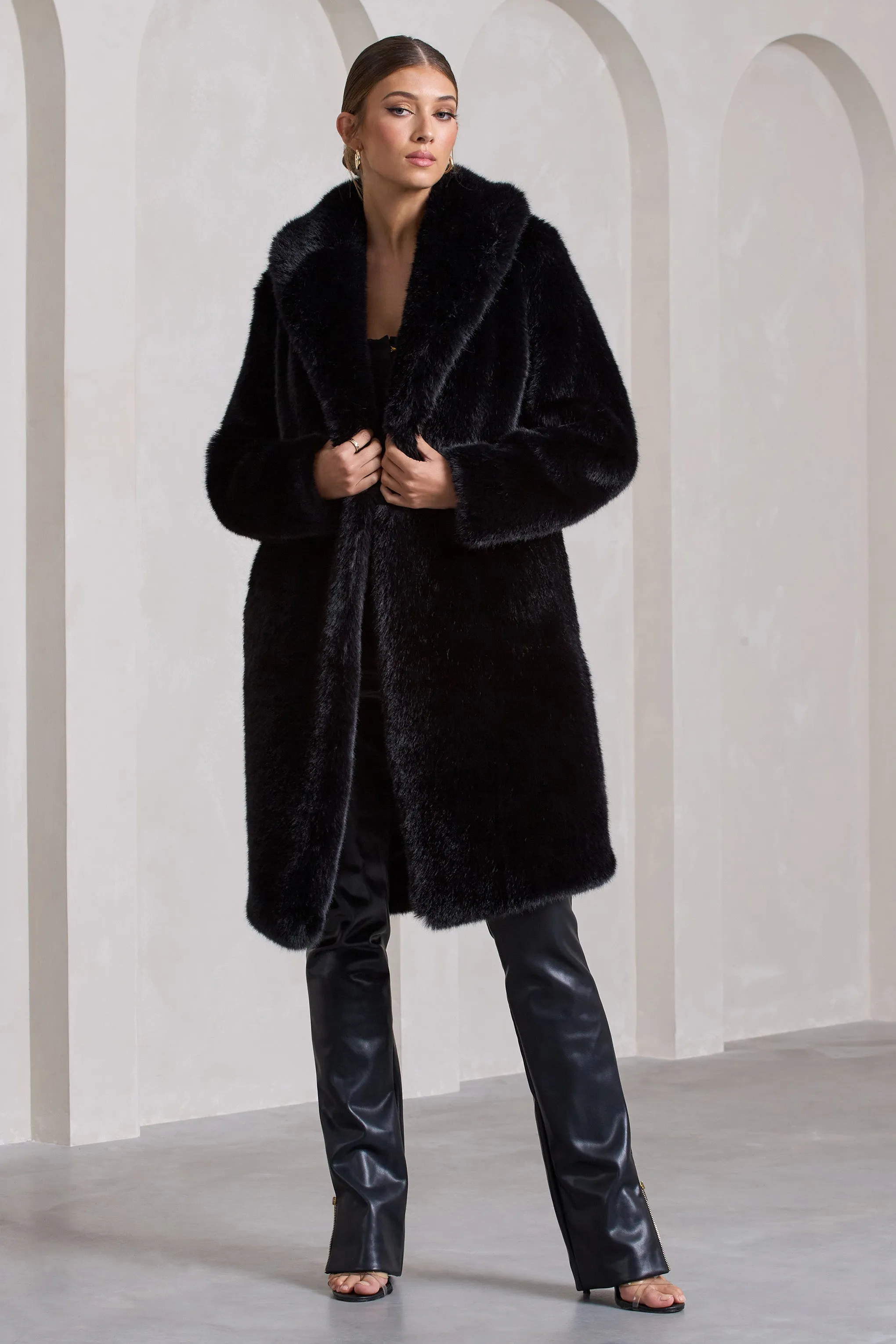 Slopeside | Black Long Belted Faux Fur Coat