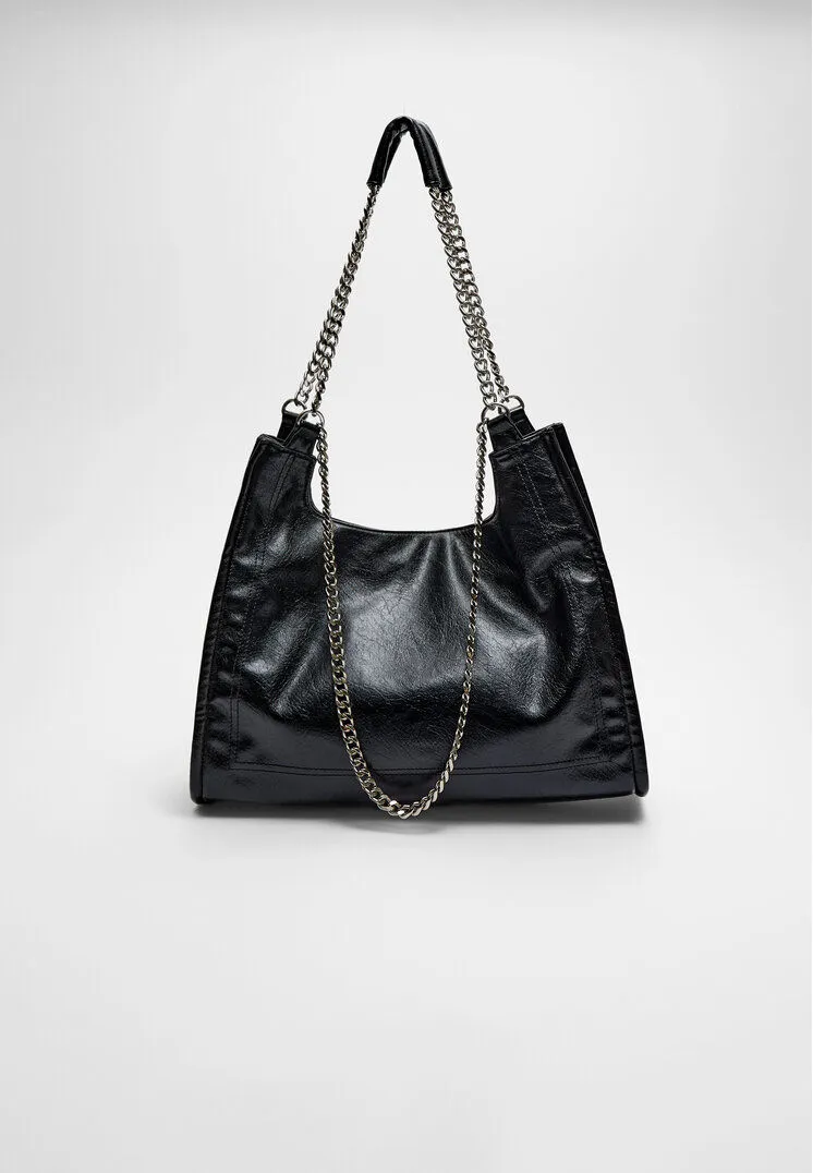 Stradivarius Leather effect chain tote bag  Black OS