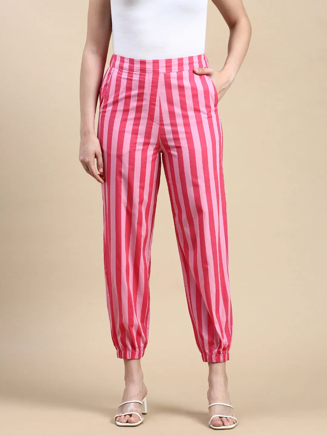 Stripped Joggers-Pink