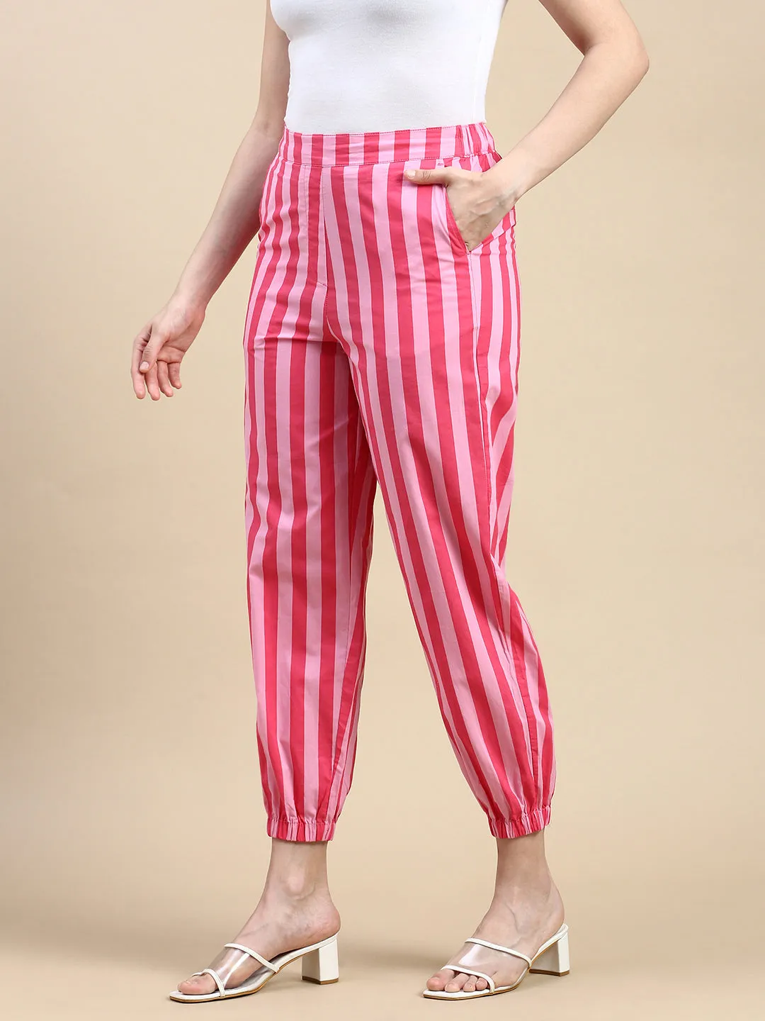 Stripped Joggers-Pink