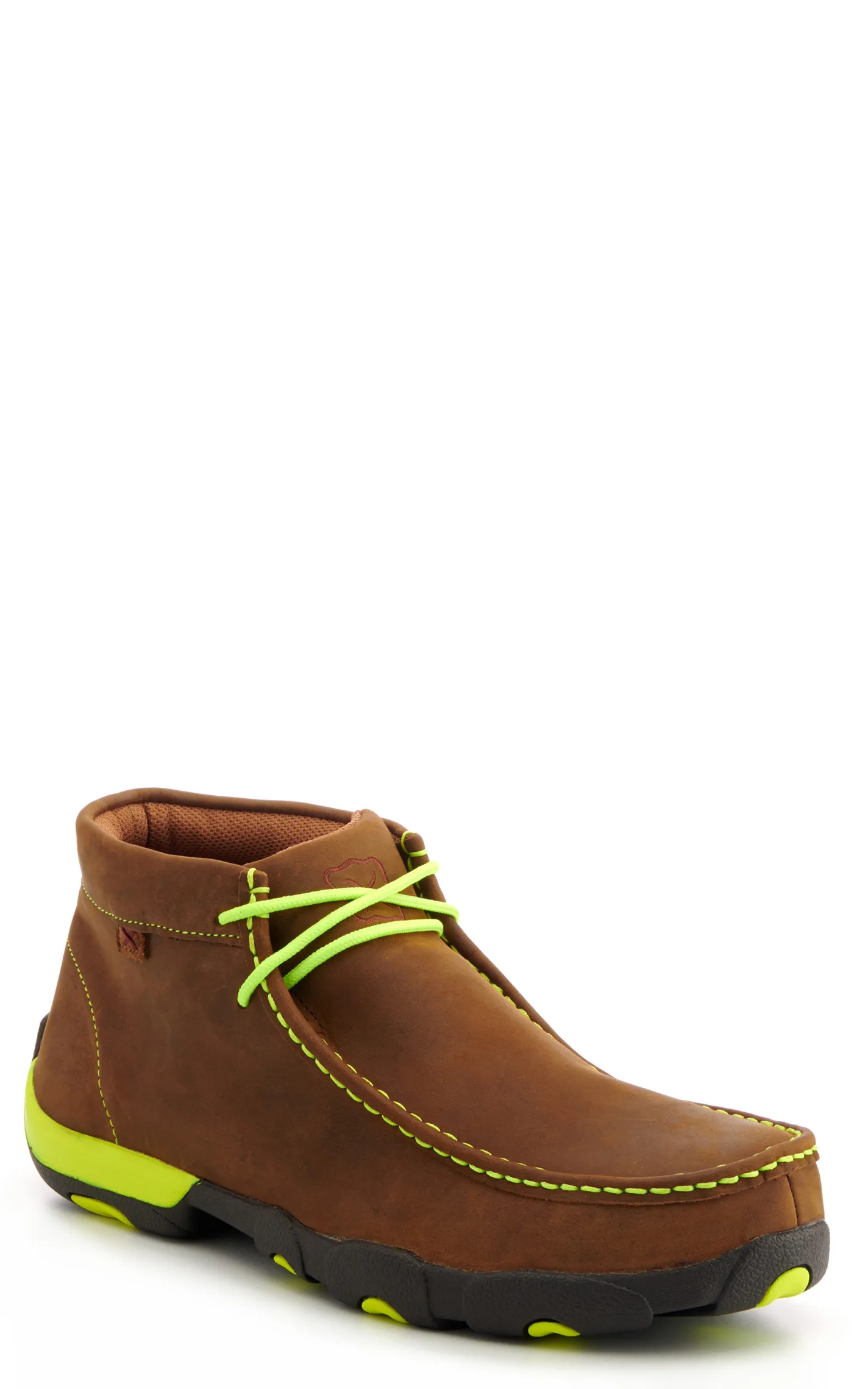 Twisted X Men's Distressed Brown with Neon Yellow Laces Chukka Driving Moc Steel Toe Work Shoe