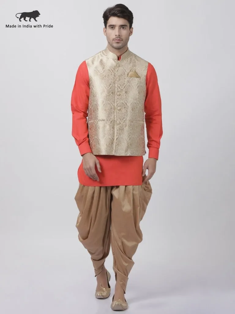 VASTRAMAY Men's Orange Cotton Silk Blend Ethnic Jacket, Kurta and Dhoti Pant Set