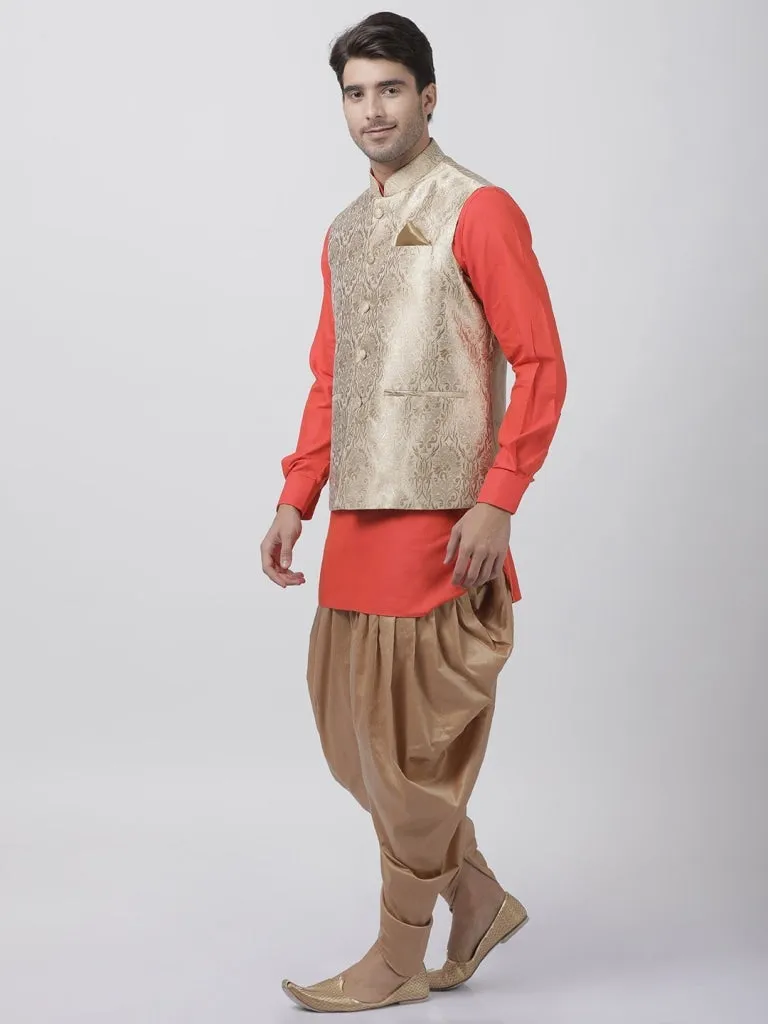 VASTRAMAY Men's Orange Cotton Silk Blend Ethnic Jacket, Kurta and Dhoti Pant Set