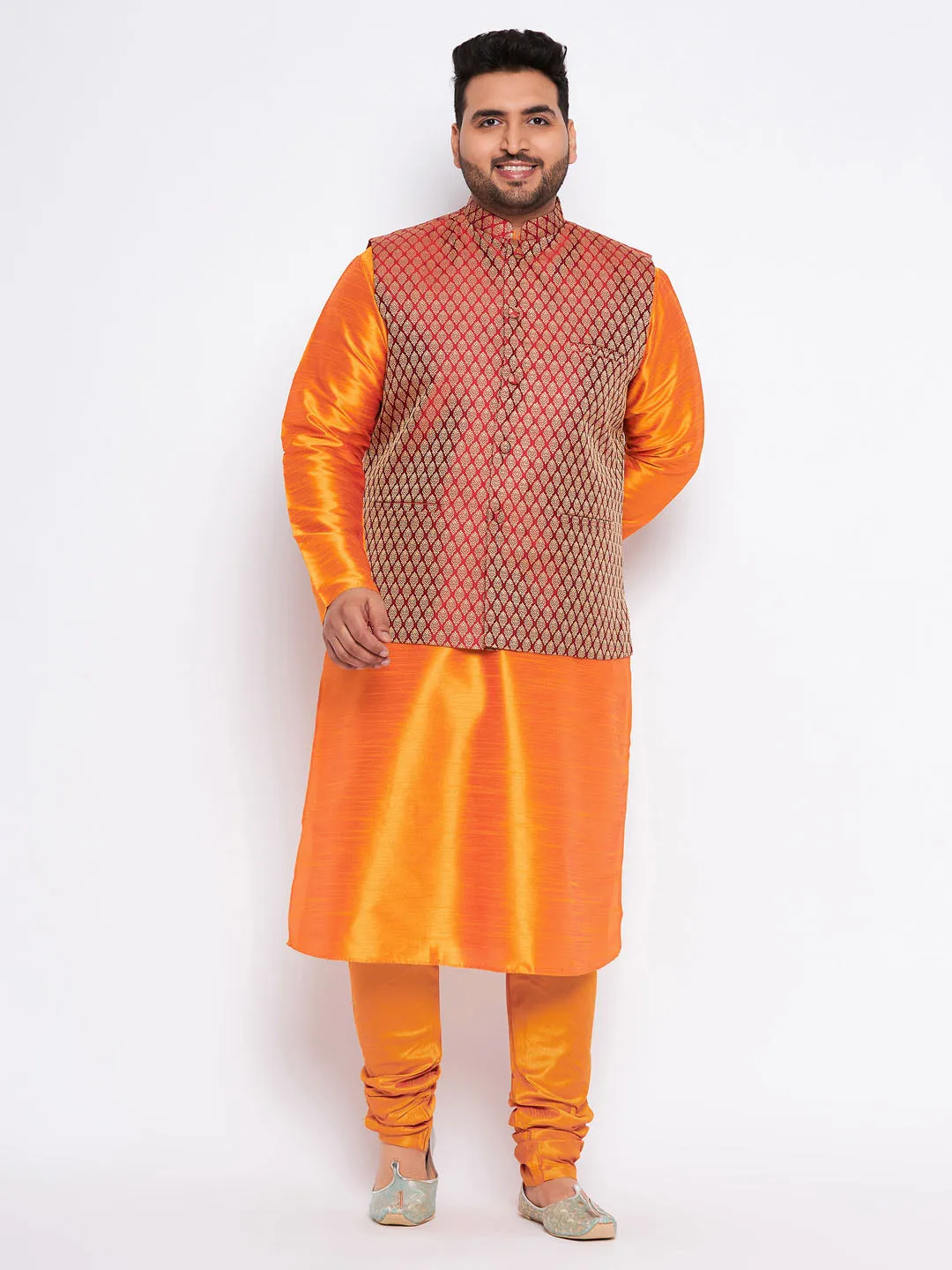 VASTRAMAY Men's Plus Size Maroon Woven Nehru Jacket With Orange Kurta And Pyjama Set