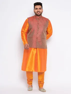 VASTRAMAY Men's Plus Size Maroon Woven Nehru Jacket With Orange Kurta And Pyjama Set