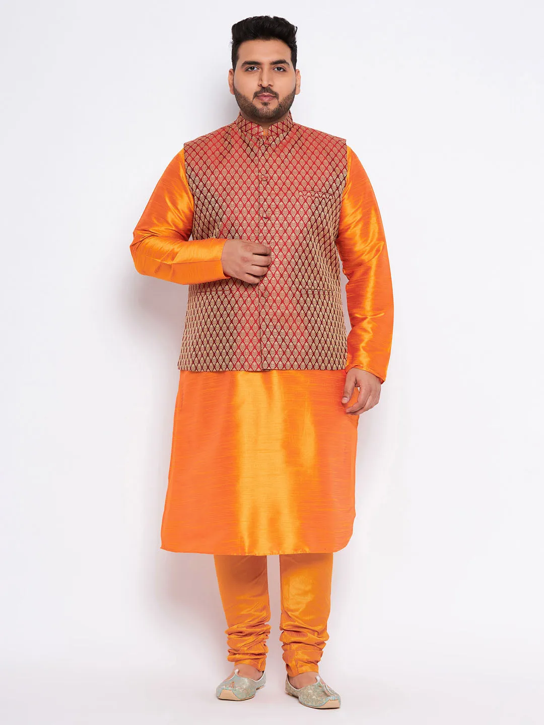 VASTRAMAY Men's Plus Size Maroon Woven Nehru Jacket With Orange Kurta And Pyjama Set