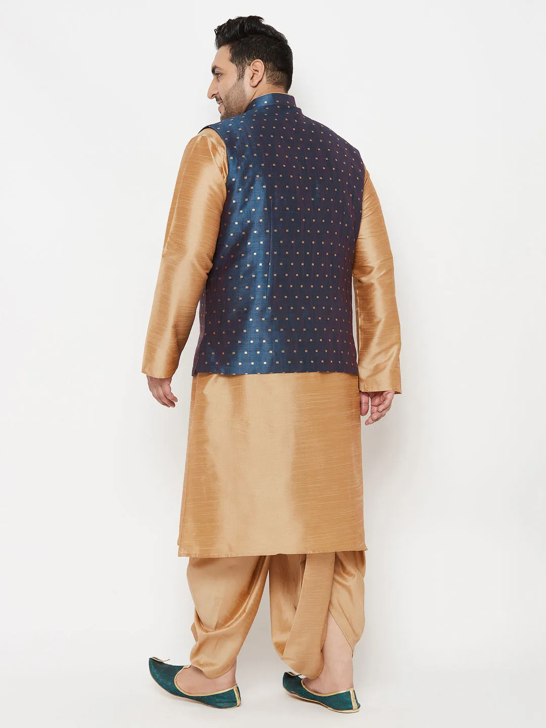 VASTRAMAY PLUS Men's Blue Zari Weaved Nehru Jacket With Kurta Dhoti set