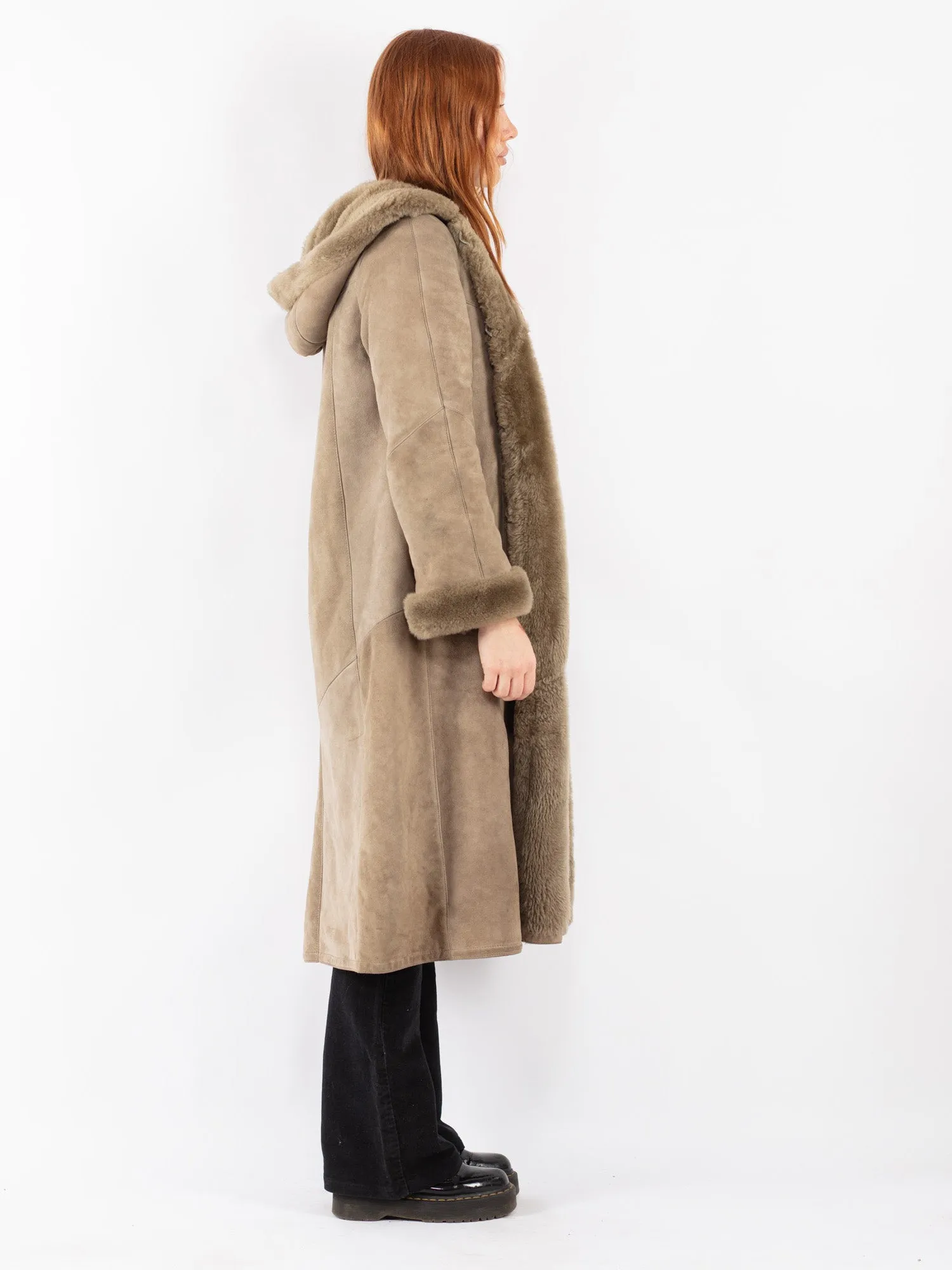 Vintage 70's Women Hooded Sheepskin Long Coat in Beige