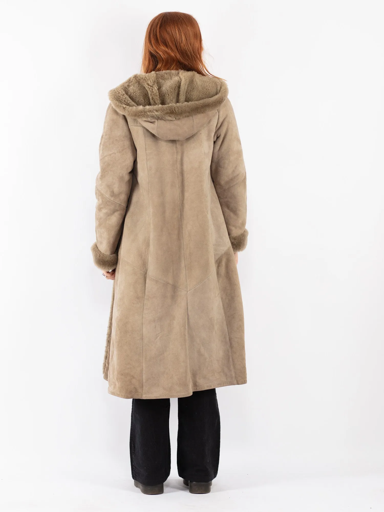 Vintage 70's Women Hooded Sheepskin Long Coat in Beige