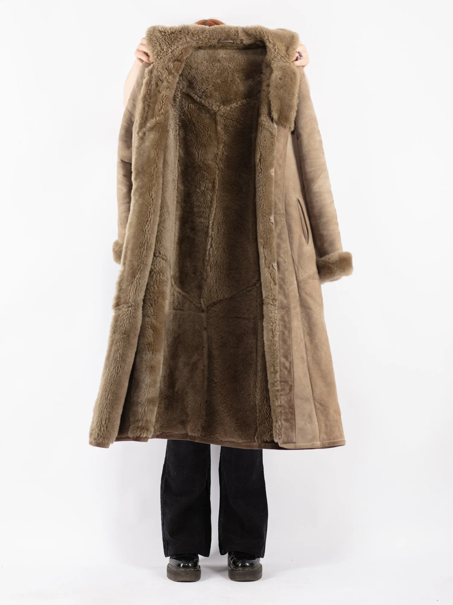 Vintage 70's Women Hooded Sheepskin Long Coat in Beige