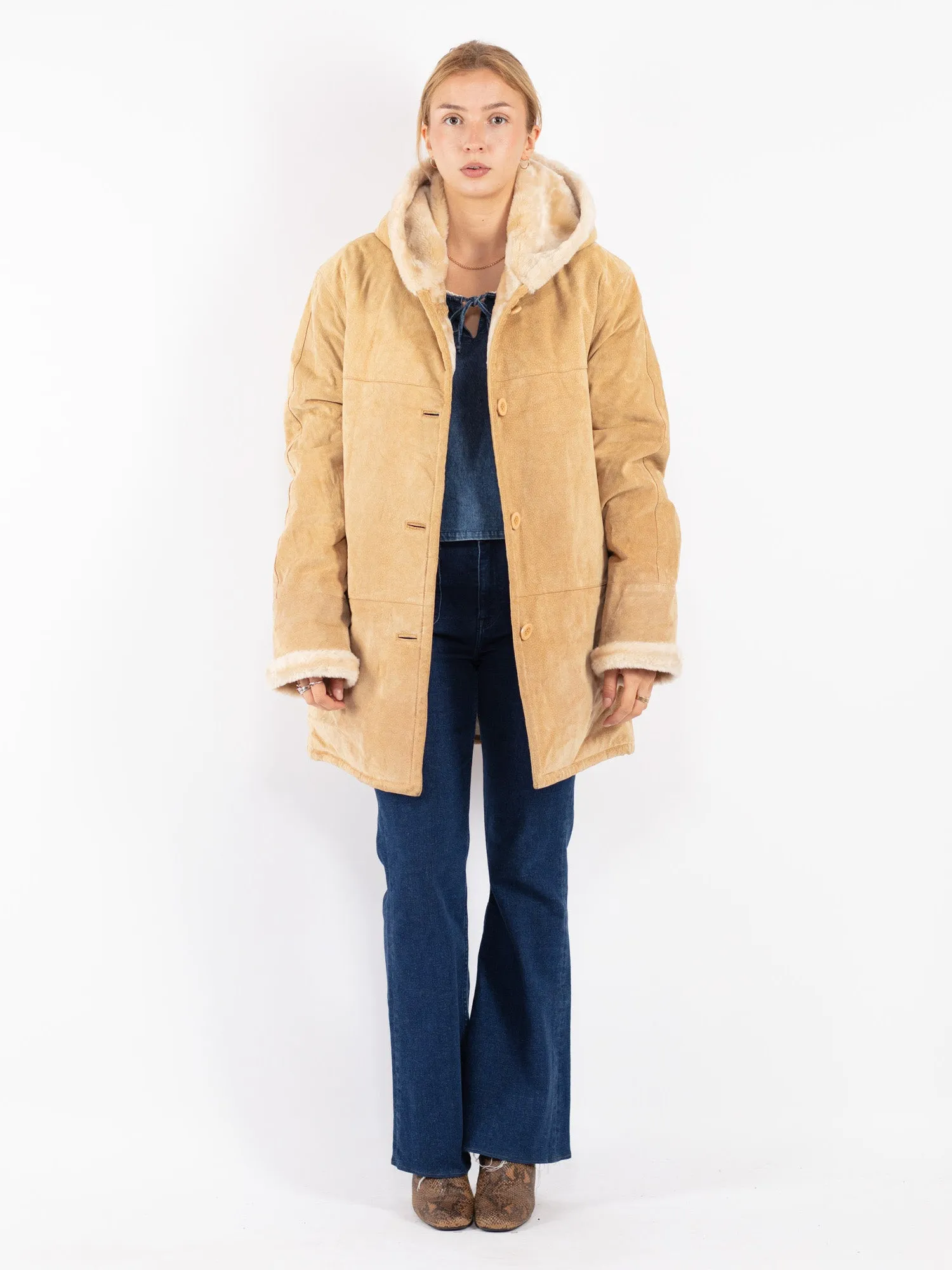 Vintage 90's Women Hooded Suede Sherpa Coat in Beige