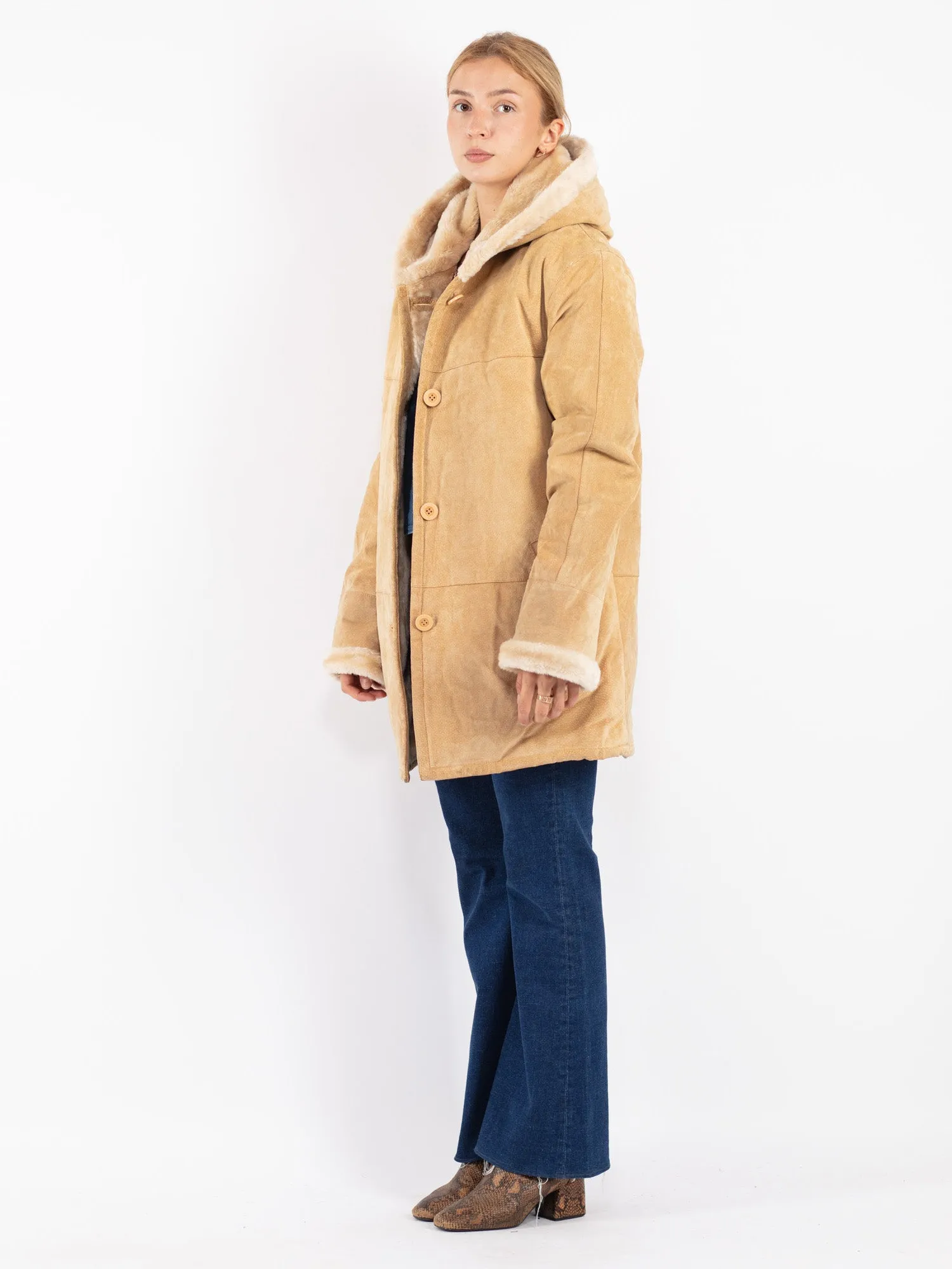 Vintage 90's Women Hooded Suede Sherpa Coat in Beige