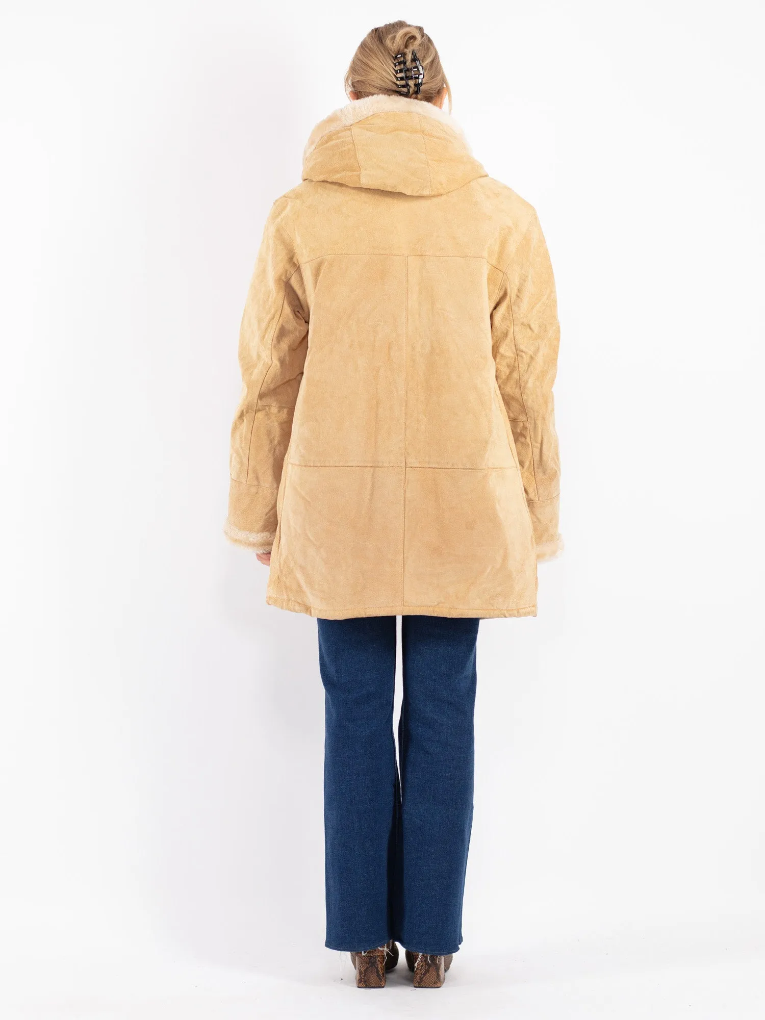 Vintage 90's Women Hooded Suede Sherpa Coat in Beige