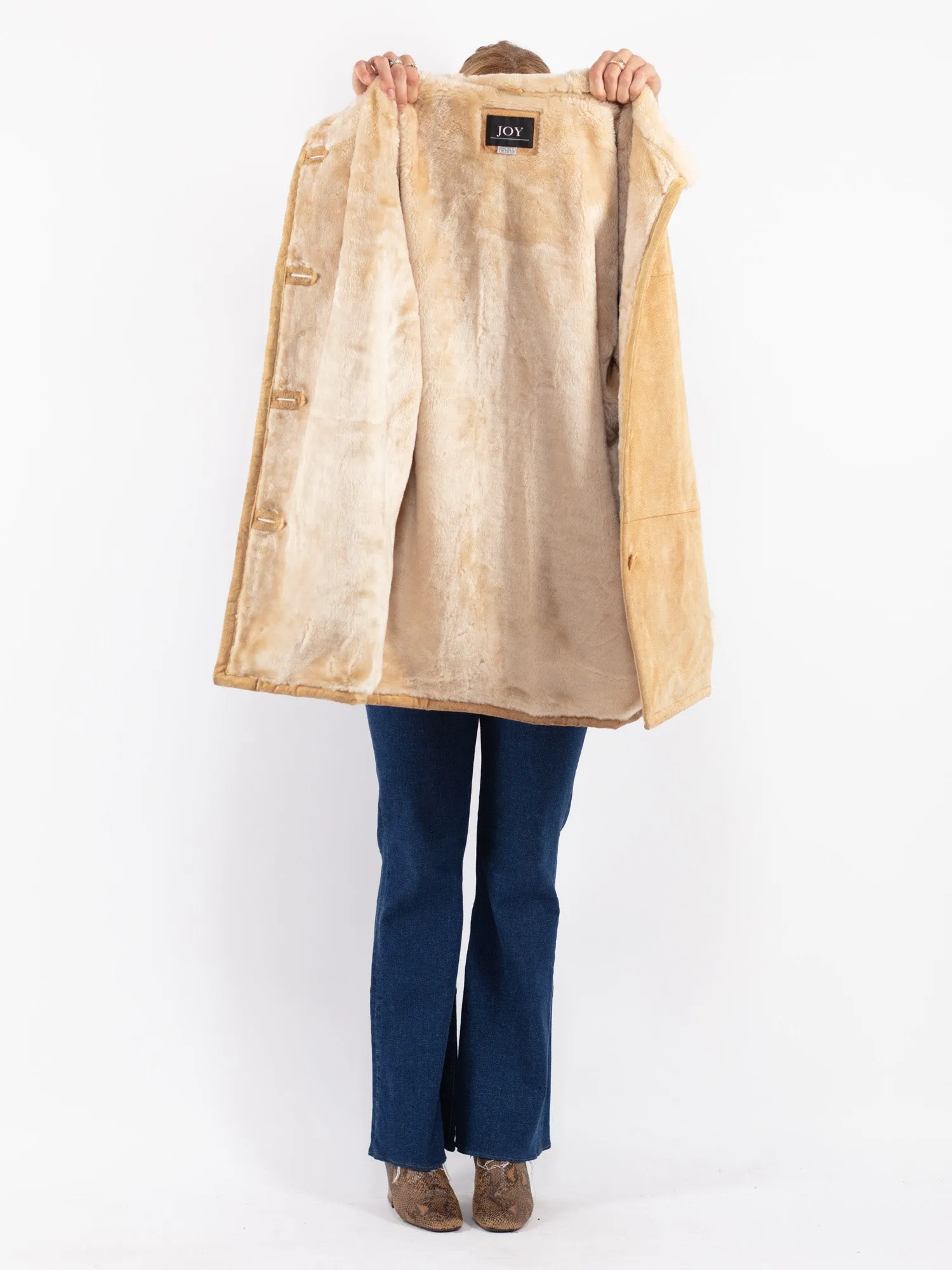 Vintage 90's Women Hooded Suede Sherpa Coat in Beige