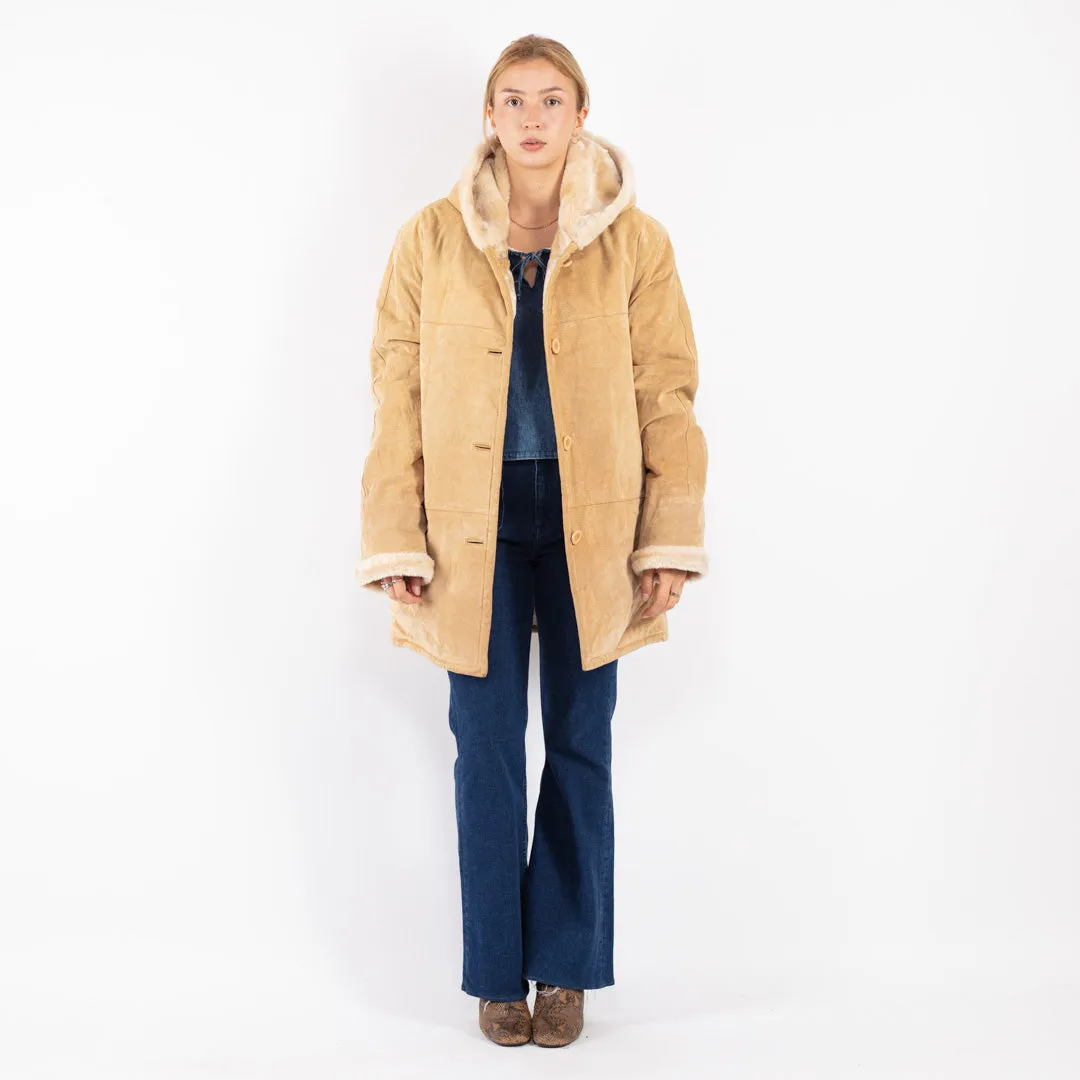 Vintage 90's Women Hooded Suede Sherpa Coat in Beige