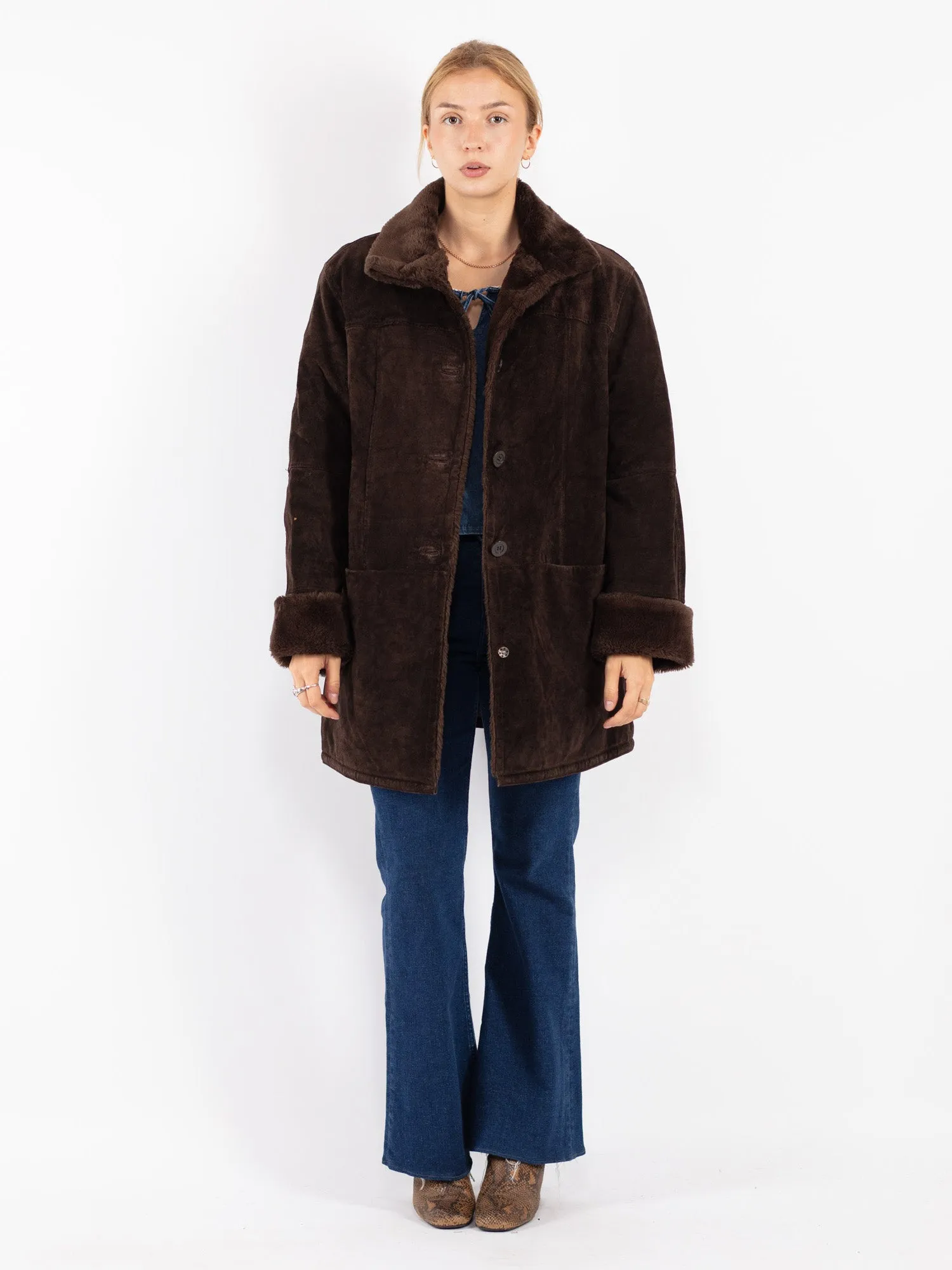 Vintage 90's Women Suede Sherpa Coat in Brown