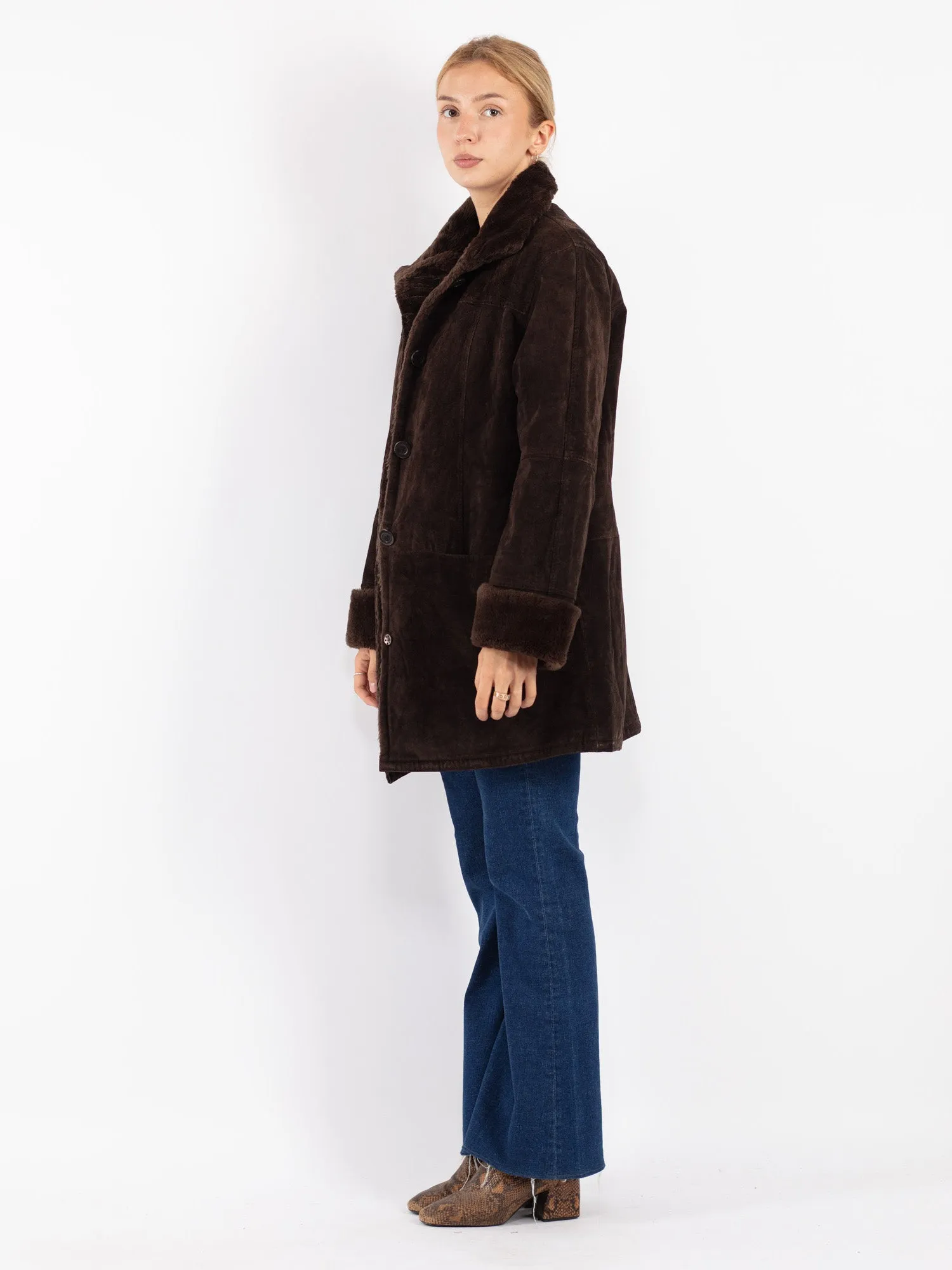 Vintage 90's Women Suede Sherpa Coat in Brown