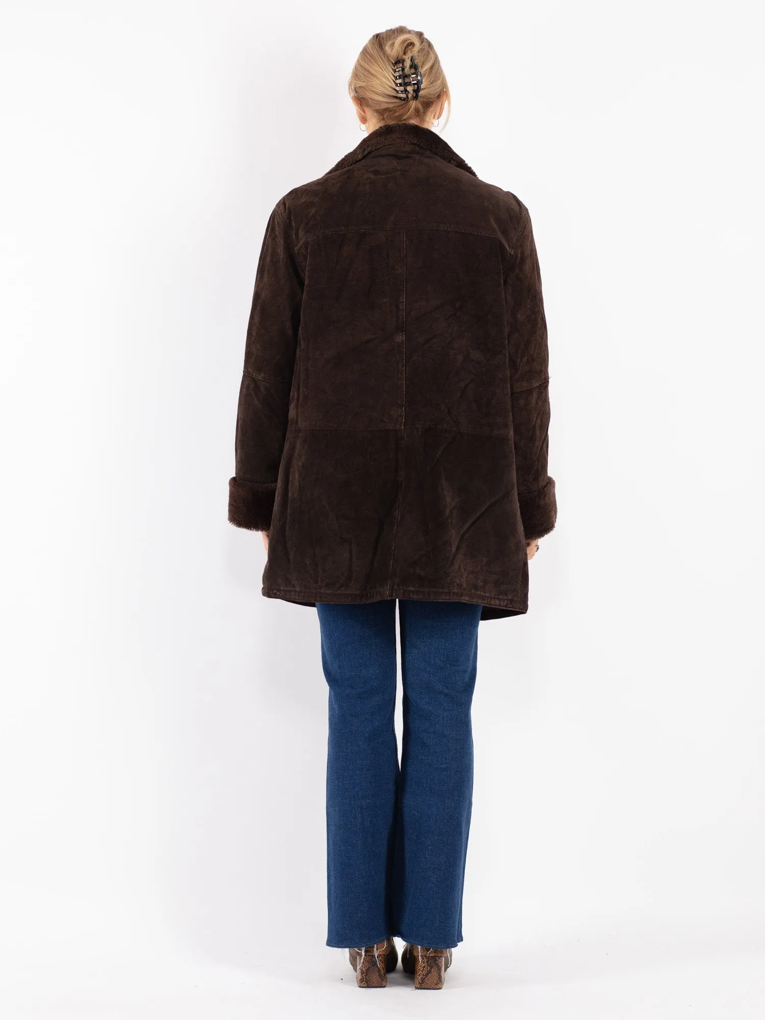 Vintage 90's Women Suede Sherpa Coat in Brown