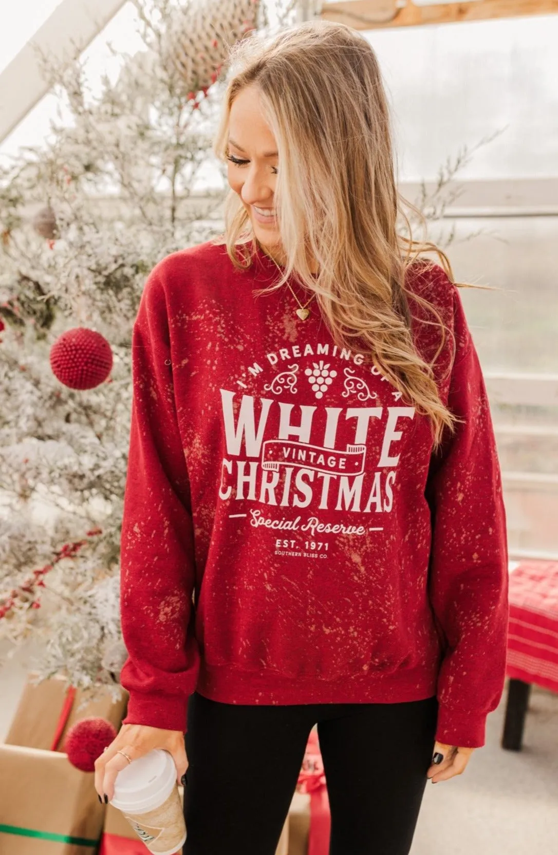 Vintage White Christmas Crewneck Pullover- Deep Red