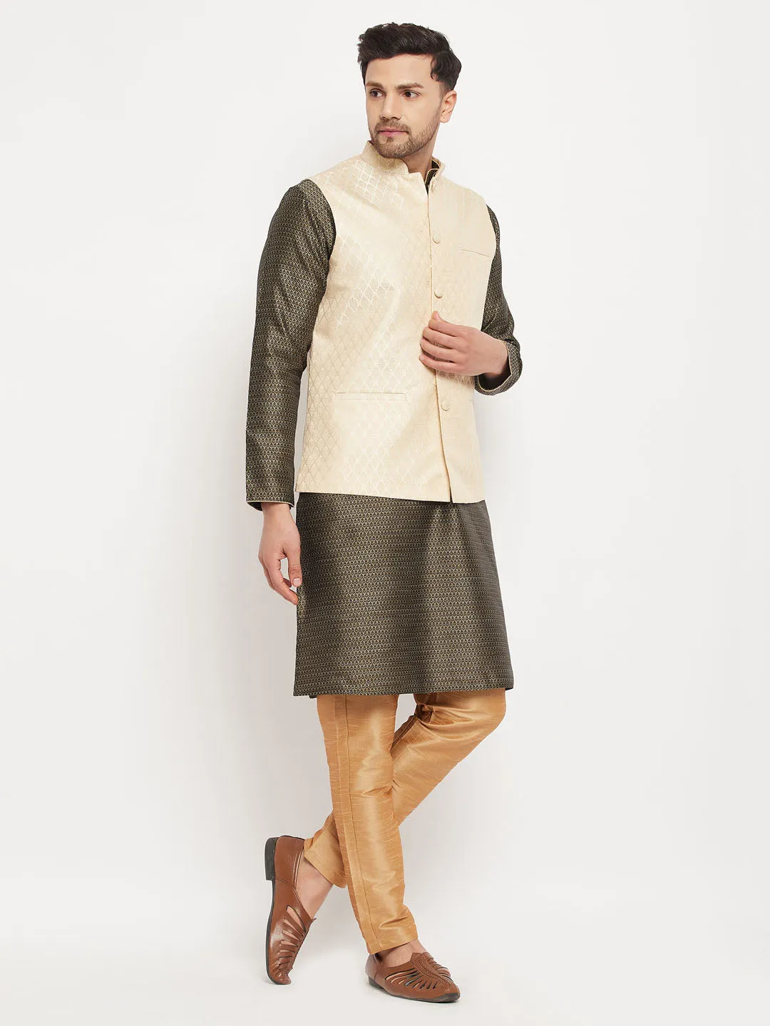 VM BY VASTRAMAY Men's Cream Silk Blend Jacket with Kurta Pant Set