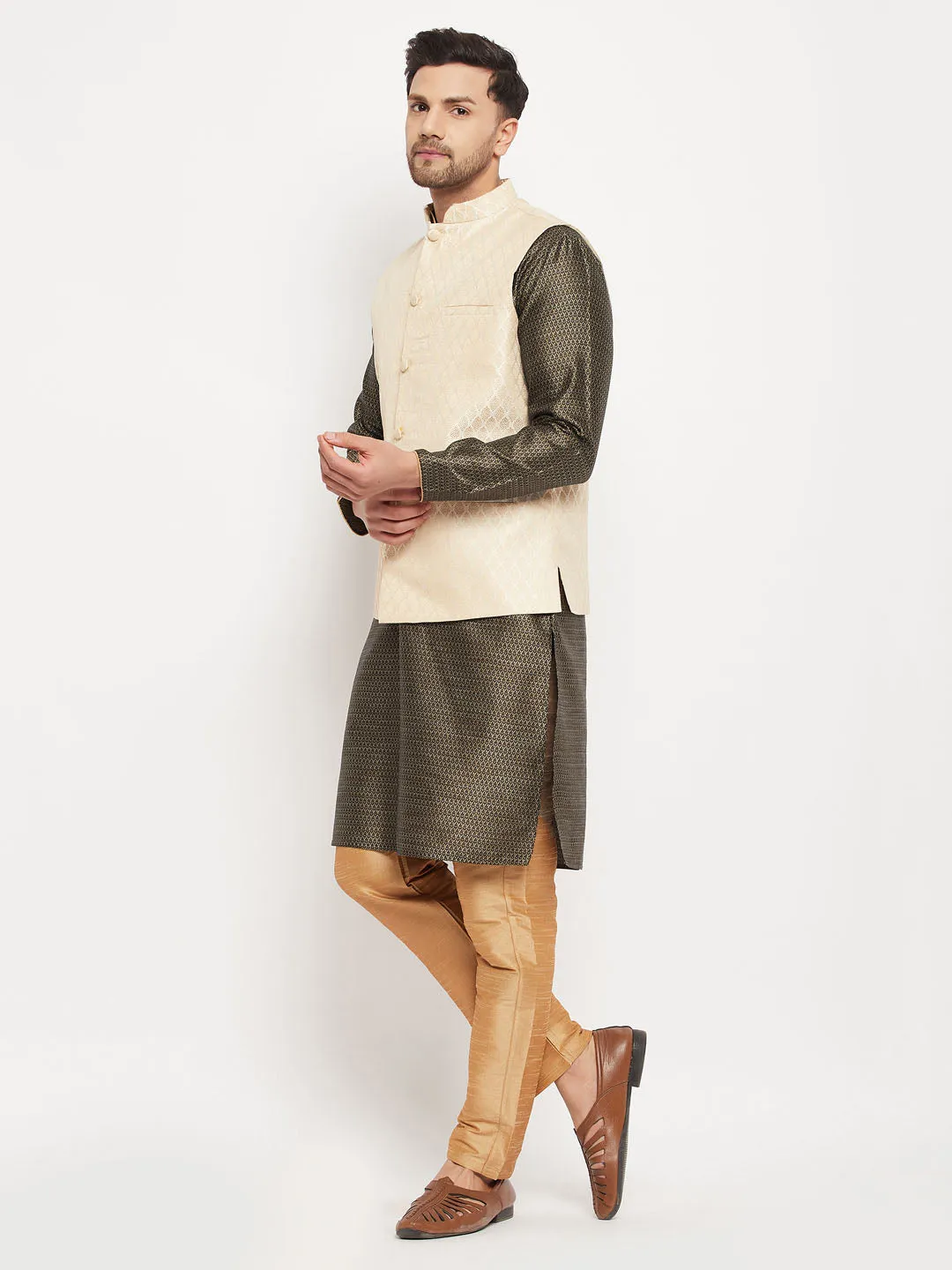 VM BY VASTRAMAY Men's Cream Silk Blend Jacket with Kurta Pant Set