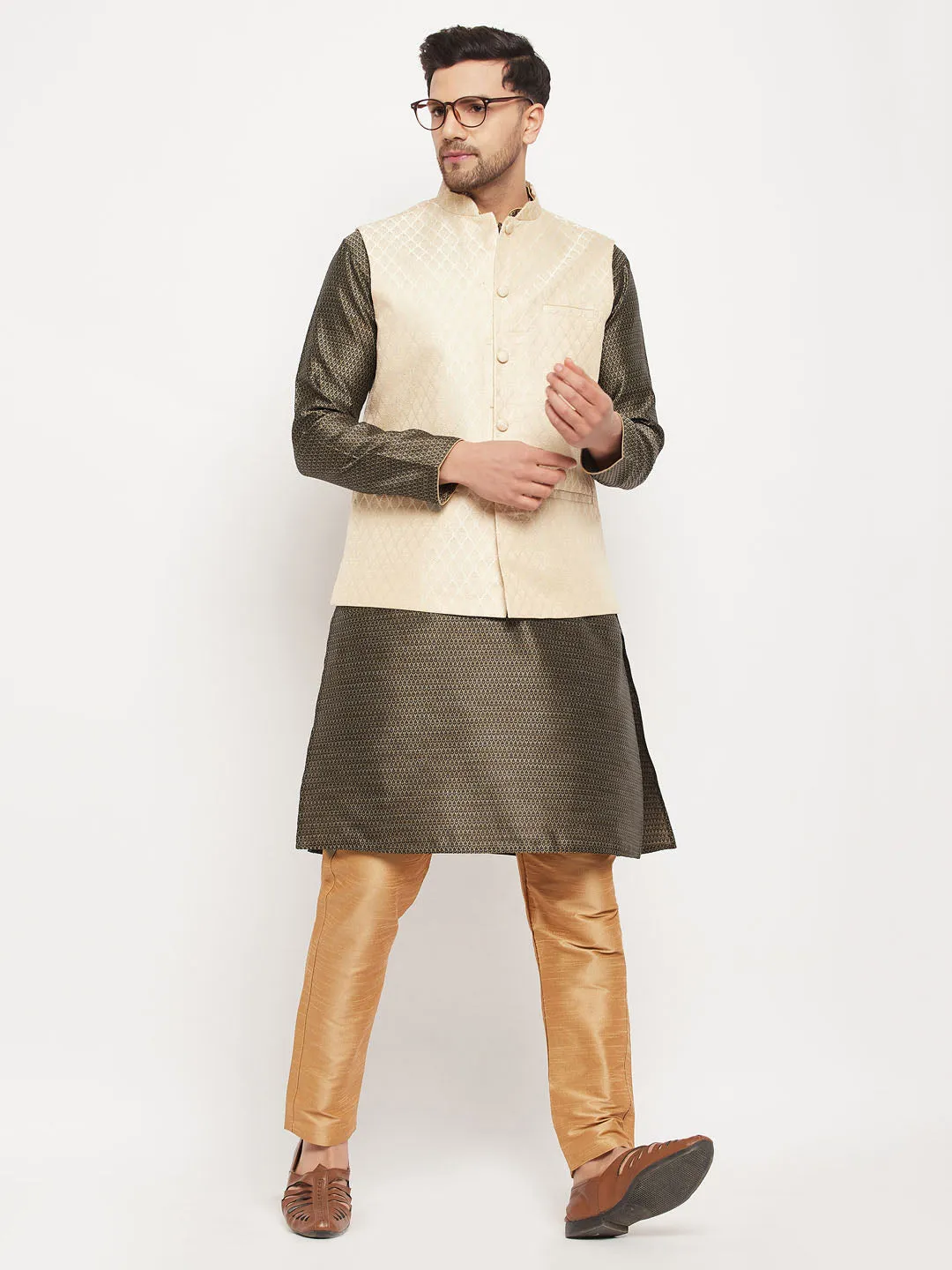 VM BY VASTRAMAY Men's Cream Silk Blend Jacket with Kurta Pant Set