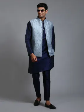 VM BY VASTRAMAY Men's Grey Embellished Jacket with Navy Blue Kurta Pant Set