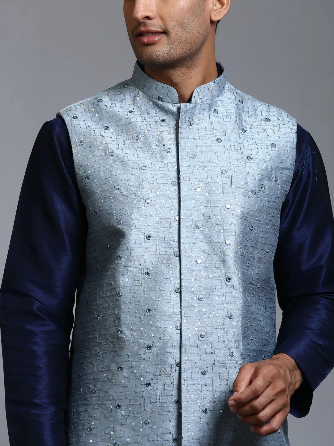 VM BY VASTRAMAY Men's Grey Embellished Jacket with Navy Blue Kurta Pant Set