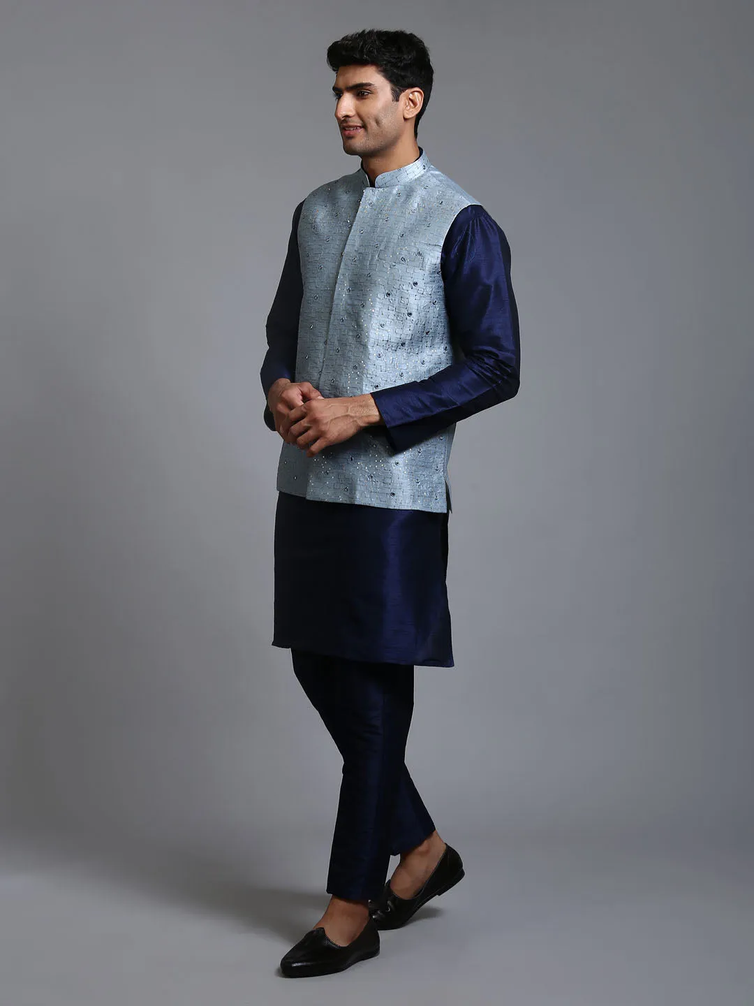 VM BY VASTRAMAY Men's Grey Embellished Jacket with Navy Blue Kurta Pant Set