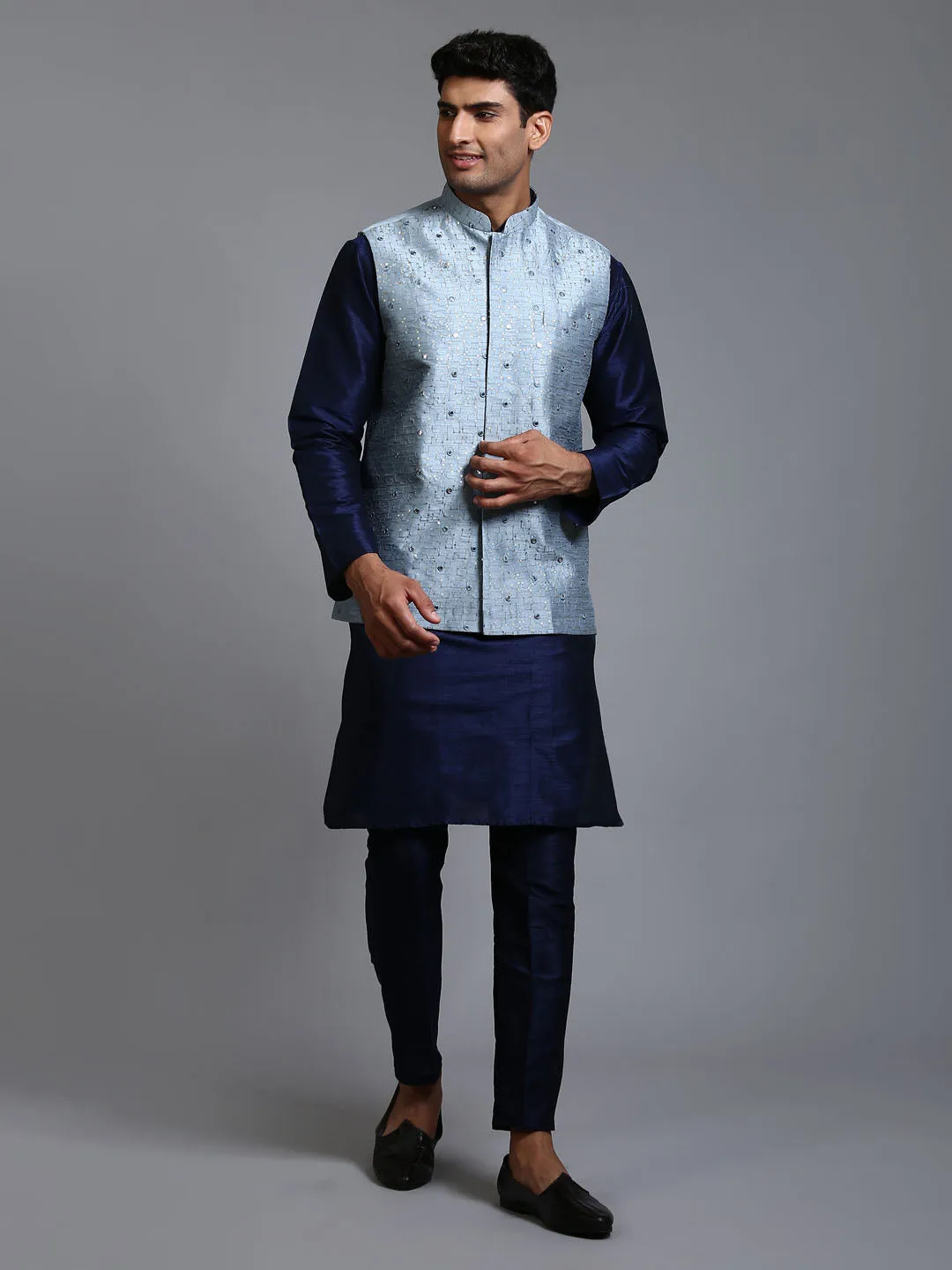 VM BY VASTRAMAY Men's Grey Embellished Jacket with Navy Blue Kurta Pant Set