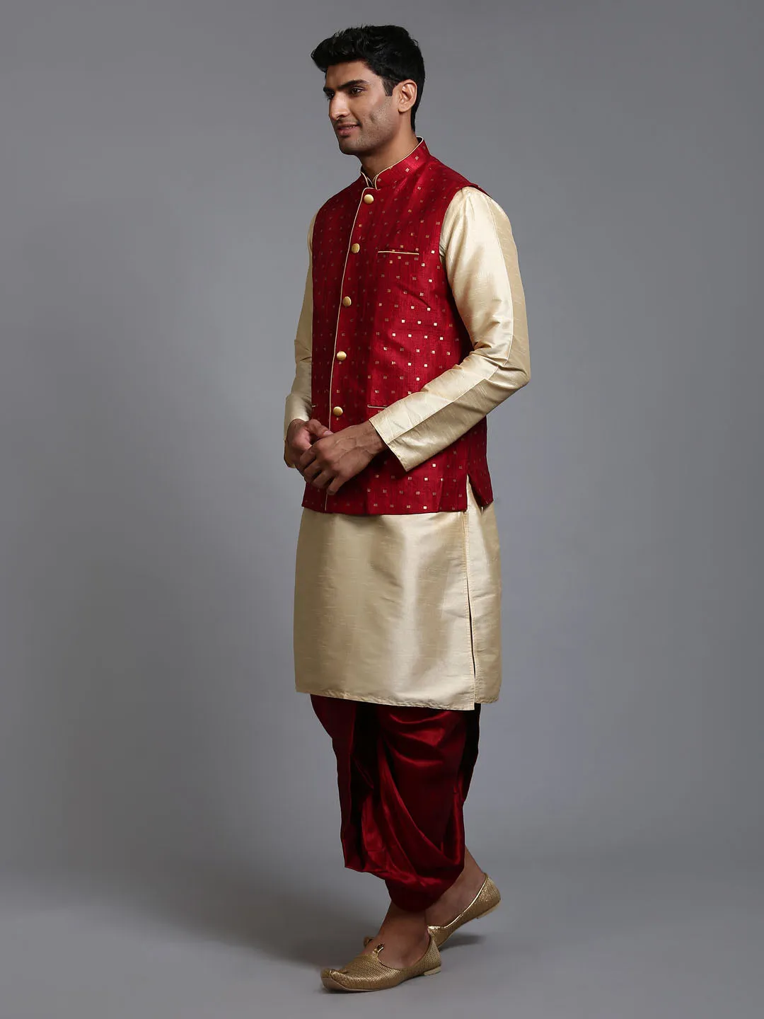 VM By VASTRAMAY Men's Maroon Zari Weaved Jacket With Kurta Dhoti Set