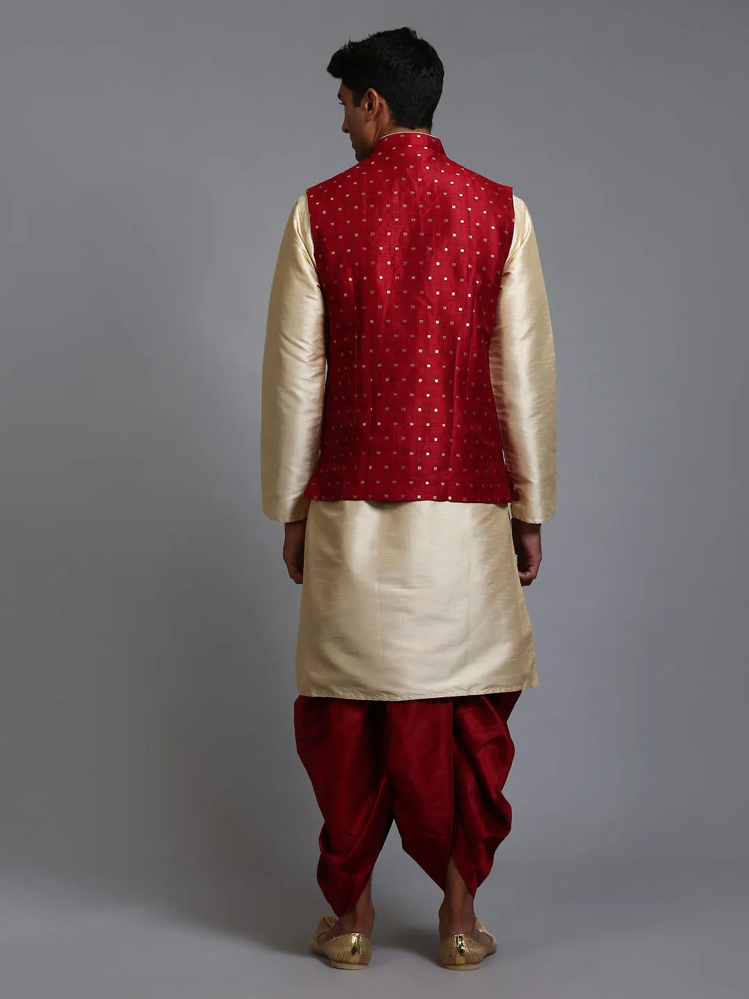 VM By VASTRAMAY Men's Maroon Zari Weaved Jacket With Kurta Dhoti Set