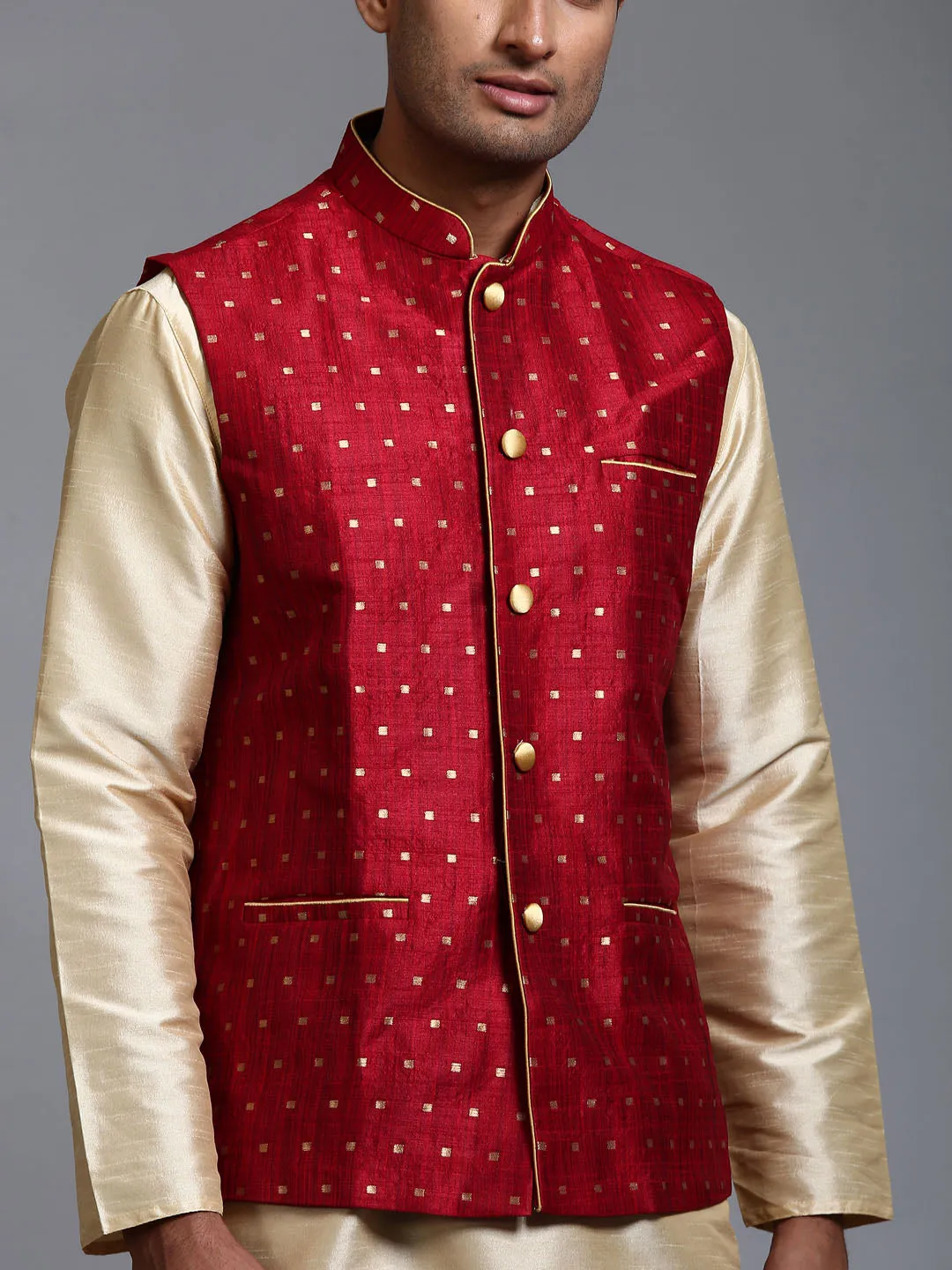 VM By VASTRAMAY Men's Maroon Zari Weaved Jacket With Kurta Dhoti Set