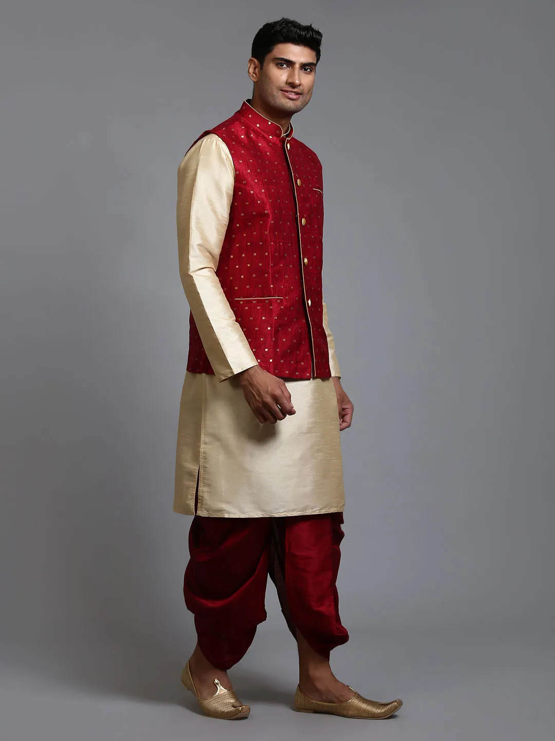 VM By VASTRAMAY Men's Maroon Zari Weaved Jacket With Kurta Dhoti Set